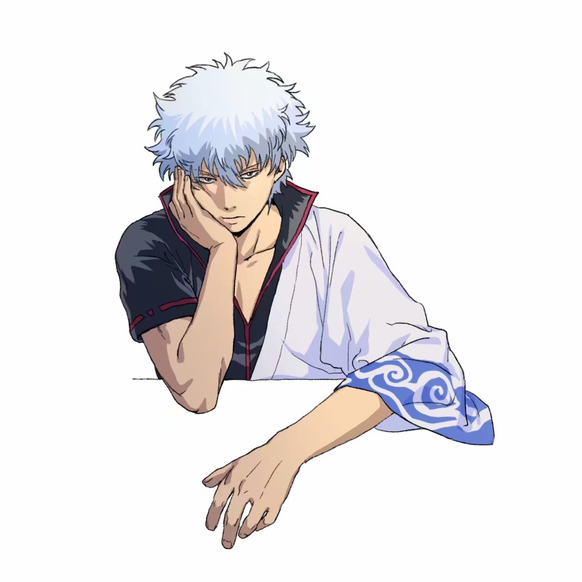 1boy bangs black_shirt blue_hair brown_eyes chinese_commentary closed_mouth collarbone commentary_request eyebrows_visible_through_hair gintama godzillapigeon1 half-closed_eyes hand_on_own_cheek hand_on_own_face hand_up head_rest highres japanese_clothes kimono long_sleeves looking_at_viewer male_focus off_shoulder ribbon-trimmed_sleeves ribbon_trim sakata_gintoki shirt short_hair simple_background sketch solo upper_body v-shaped_eyebrows white_background white_kimono wide_sleeves