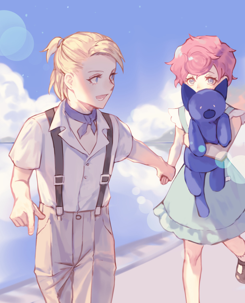 1boy 1girl absurdres ascot blonde_hair blue_eyes child highres holding_hands jojo_no_kimyou_na_bouken lens_flare looking_back mary_janes pink_hair prosciutto reflection shoes short_hair short_ponytail stuffed_animal stuffed_cat stuffed_toy suspenders trish_una vento_aureo yepnean younger
