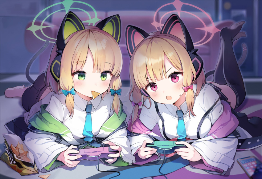 2girls blonde_hair blue_archive blurry blurry_background cat_ear_headphones commentary_request couch green_eyes halo headphones highres jacket jehyun midori_(blue_archive) momoi_(blue_archive) multiple_girls necktie playing_games red_eyes school_uniform short_hair siblings twins