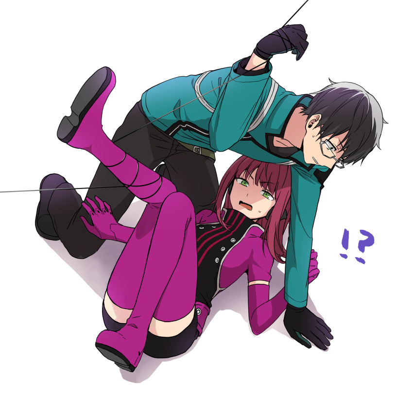 1boy 1girl 7100potechi bangs black_footwear black_gloves black_hair black_pants black_shorts blue_jacket elbow_gloves full_body glasses gloves green_eyes highres jacket katori_youko leg_up long_hair looking_at_viewer lying mikumo_osamu on_back open_mouth pants purple_gloves purple_jacket purple_legwear redhead restrained shoes short_hair shorts simple_background sweatdrop white_background world_trigger