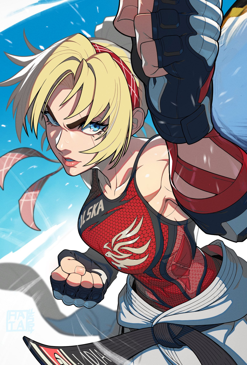 1girl bangs bare_shoulders belt black_belt blocking blonde_hair blue_background blue_eyes breasts character_name clenched_hands clothes_around_waist collarbone contrapposto dougi elbow_pads eyelashes fighting fighting_stance fingerless_gloves fingernails foreshortening gloves hair_between_eyes hata4564 headband highres karate karate_gi kicking lidia_sobieska looking_to_the_side medium_breasts muscular muscular_female namco open_mouth parted_lips ponytail red_tank_top scar scar_across_eye scar_on_face studded_gloves tank_top tekken tekken_7 upper_body v-shaped_eyebrows watermark