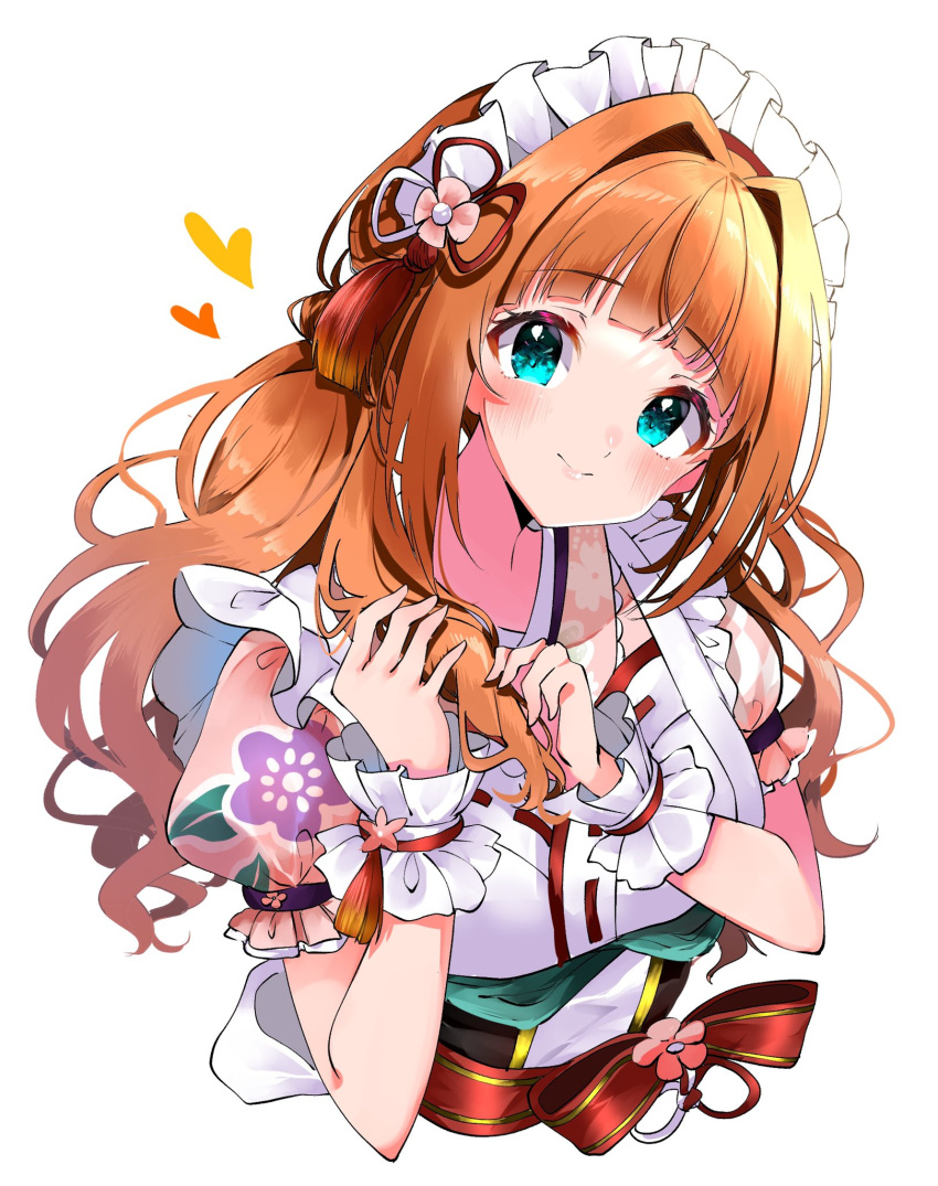 1girl alternate_costume bangs blunt_bangs blush cropped_torso dress enmaided eyebrows_visible_through_hair frilled_sleeves frills green_eyes hair_intakes head_tilt heart heart_print highres holding holding_hair idolmaster idolmaster_(classic) idolmaster_million_live! idolmaster_million_live!_theater_days light_smile looking_at_viewer maid maid_headdress orange_hair pinafore_dress puffy_short_sleeves puffy_sleeves short_sleeves simple_background solo takatsuki_yayoi twintails upper_body wavy_hair white_background wrist_cuffs yuanagae