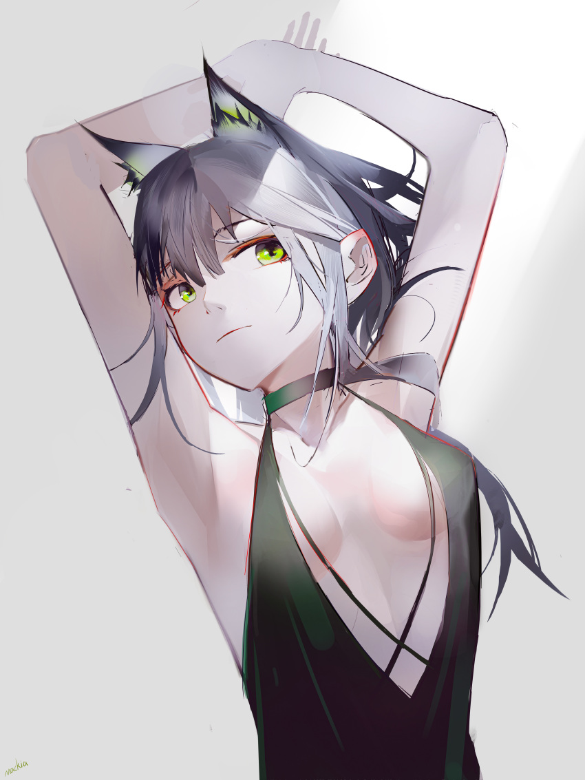1girl absurdres animal_ears arknights armpits bangs bare_arms bare_shoulders breasts cat_ears cat_girl cleavage_cutout clothing_cutout dress eyebrows_behind_hair eyebrows_visible_through_hair green_eyes grey_hair hair_between_eyes highres kal'tsit_(arknights) long_hair looking_at_viewer mackia open_clothes sleeveless sleeveless_dress smile solo upper_body