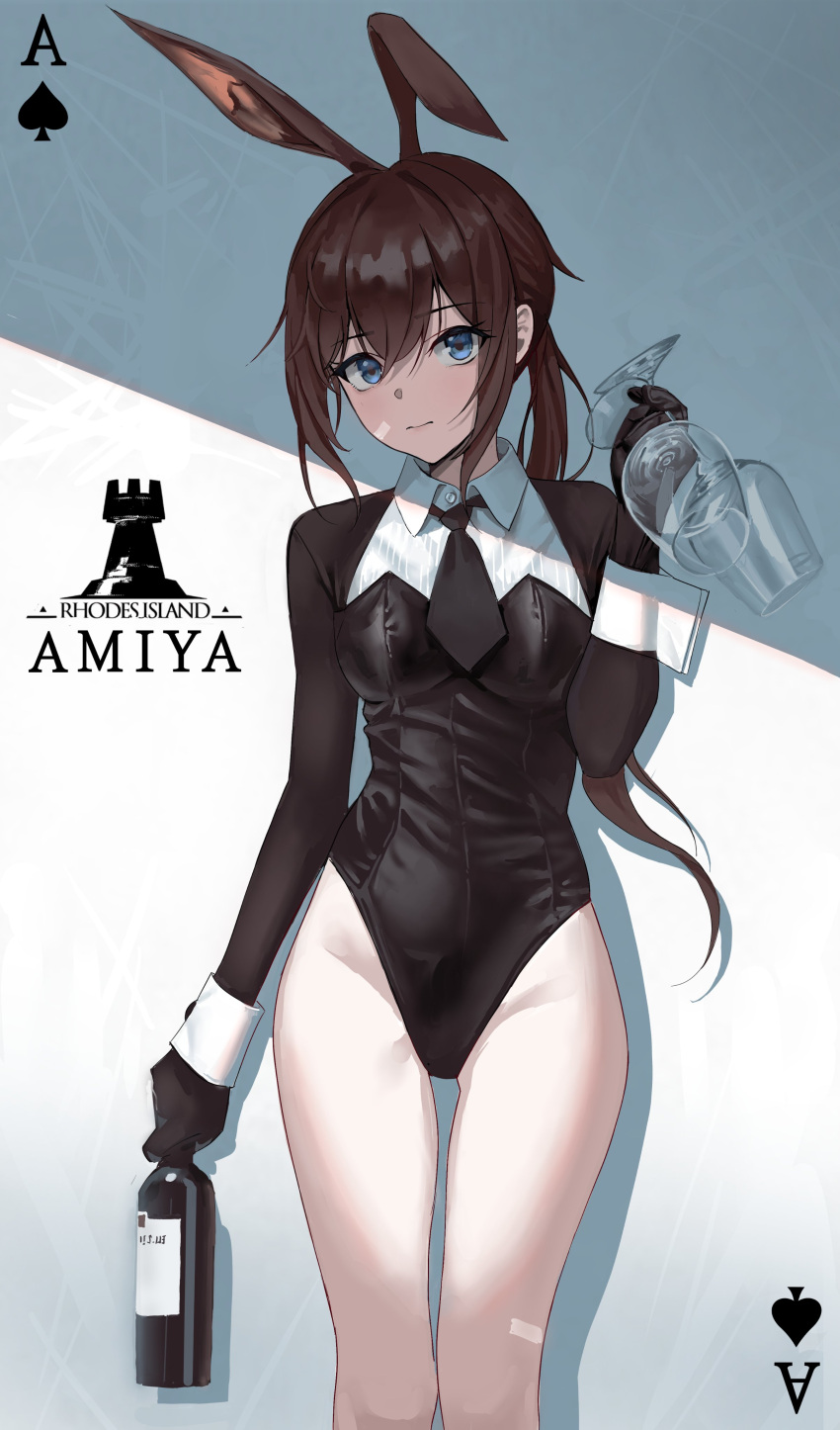 1girl absurdres ace_of_spades alcohol alternate_costume amiya_(arknights) animal_ears arknights bandaid bangs bare_legs black_gloves black_leotard black_necktie blue_eyes bottle breasts brown_hair choisd4516 closed_mouth cup eyebrows_visible_through_hair feet_out_of_frame gloves highres holding holding_bottle holding_cup leotard long_hair long_sleeves looking_at_viewer medium_breasts necktie ponytail rabbit_ears rhodes_island_logo solo standing wine wine_bottle wing_collar