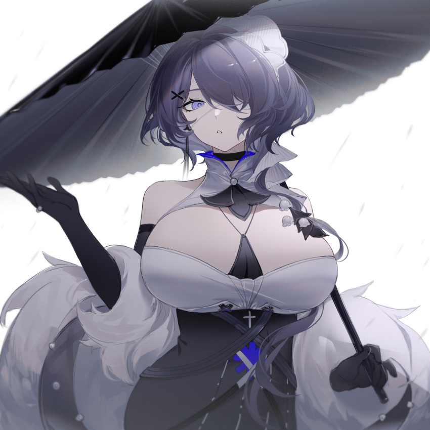 1girl absurdres arknights bare_shoulders black_choker black_dress black_gloves breasts choker dress earrings elbow_gloves eyepatch gloves hair_ornament hairclip highres holding holding_umbrella jewelry large_breasts long_hair looking_at_viewer official_alternate_costume oil-paper_umbrella one_eye_covered parted_lips purple_hair shibuya_(kurokamishain) simple_background single_earring solo umbrella underbust upper_body violet_eyes whisperain_(arknights) whisperain_(tremble_cold)_(arknights) white_background x_hair_ornament