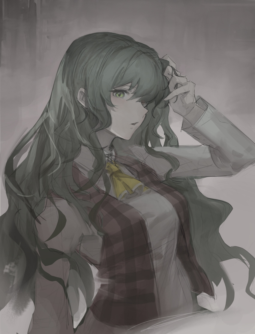 1girl absurdres adjusting_hair ascot blush collared_shirt commentary green_eyes green_hair hand_up heibaise_jiangshi highres kazami_yuuka long_hair long_sleeves looking_at_viewer parted_lips plaid plaid_vest red_vest shirt sideways_glance solo touhou upper_body very_long_hair vest wavy_hair white_shirt yellow_ascot