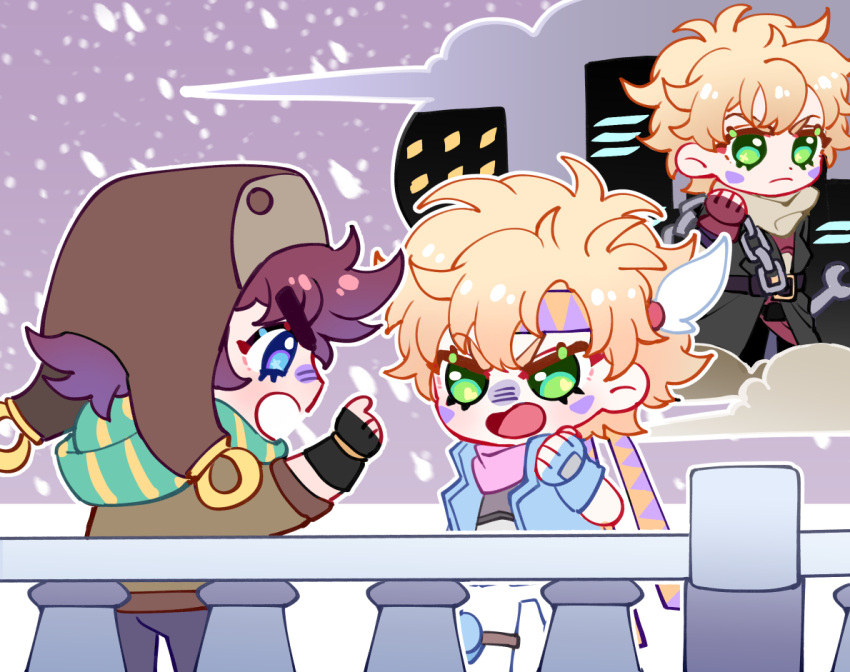 3boys battle_tendency blonde_hair blue_eyes blue_hair blue_jacket bomber_hat brown_hair caesar_anthonio_zeppeli chibi flashback fur_hat gradient_hair green_eyes hat headband jacket jojo_no_kimyou_na_bouken joseph_joestar joseph_joestar_(young) male_focus multicolored_hair multiple_boys sky_kiki speech_bubble teenage ushanka younger