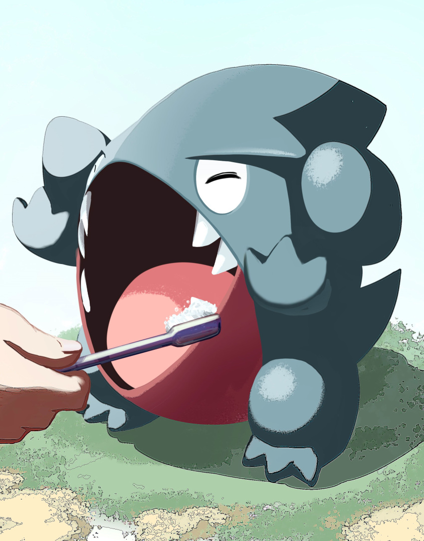 1other absurdres closed_eyes commentary_request gible highres holding holding_toothbrush open_mouth pokemon pokemon_(creature) sharp_teeth standing suchi_(fsur7444) teeth toes tongue toothbrush