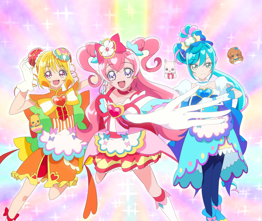 3girls :d ankle_bow apron arm_up back_bow blonde_hair blue_bow blue_eyes blue_gloves blue_hair boots bow brooch bun_cover choker closed_mouth confetti cure_precious cure_spicy cure_yum-yum delicious_party_precure double_bun drill_hair flower fuwa_kokone gloves grey_hair hair_bow hair_cones hair_flower hair_ornament hair_rings hanamichi_ran hand_on_hip hat highres holding holding_wand huge_bow jewelry key_visual knee_boots kneehighs kome-kome_(precure) legs_apart long_hair looking_at_viewer magical_girl men-men_(precure) multicolored_clothes multicolored_skirt multiple_girls nagomi_yui open_mouth outstretched_hand pamu-pamu_(precure) pink_bow pink_choker pink_hair precure purple_bow purple_eyes red_eyes red_legwear ribbon shiny shiny_hair skirt smile standing striped twin_drills vertical_stripes wand white_apron white_footwear white_gloves y2k-2sk