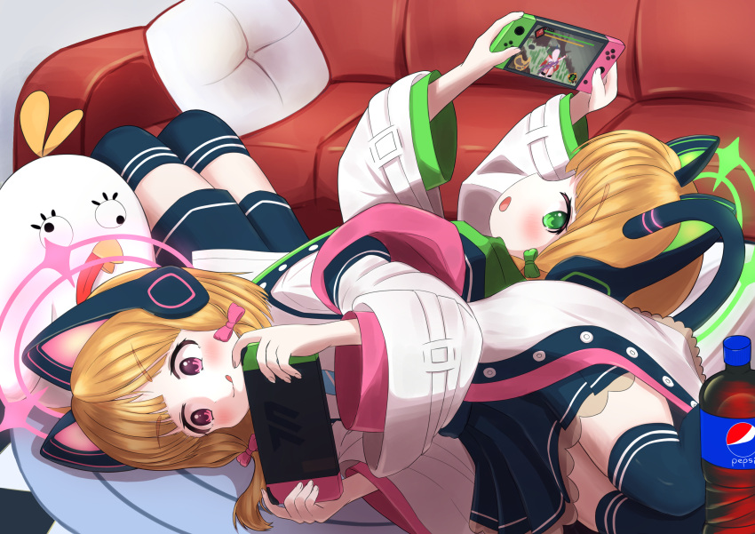 2girls blonde_hair blue_archive blurry blurry_background cat_ear_headphones commentary_request couch green_eyes halo headphones highres jacket midori_(blue_archive) momoi_(blue_archive) multiple_girls necktie nintendo_switch playing_games red_eyes school_uniform short_hair siblings sinjax twins