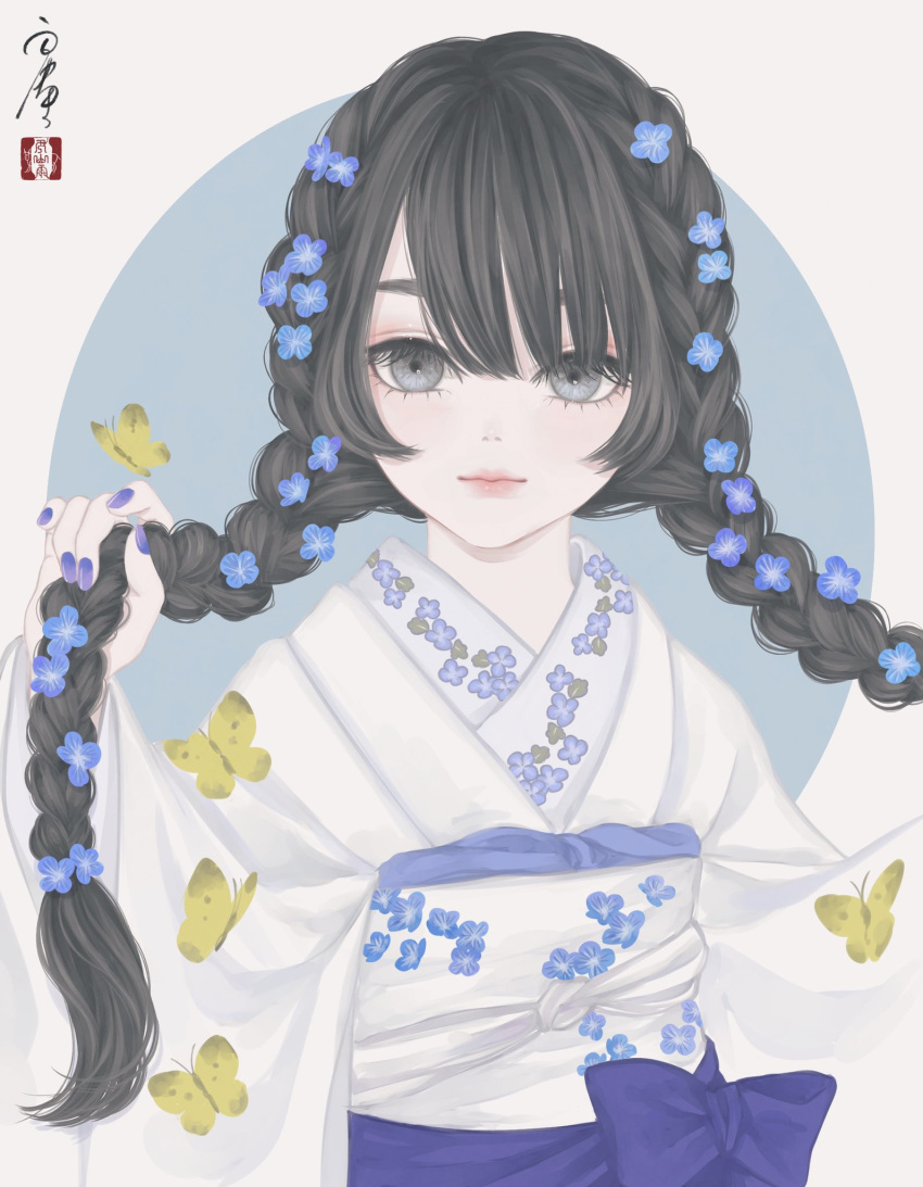 1girl animal_print bangs black_hair blue_background blue_flower braid bug butterfly butterfly_print commentary_request floral_print flower grey_eyes hair_flower hair_ornament highres holding holding_hair japanese_clothes kimono long_bangs long_hair long_sleeves looking_at_viewer nail_polish obi obiage obijime original outside_border print_kimono purple_flower purple_nails purple_sash sash seal_impression signature solo twin_braids upper_body ushiyama_ame white_background white_kimono wide_sleeves yellow_butterfly