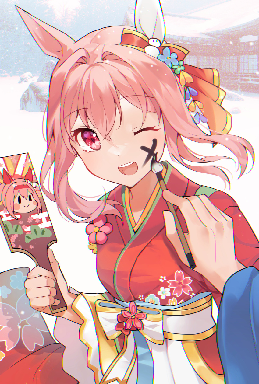 1girl absurdres akitsuki_(oenothera) animal_ears architecture bangs commentary_request drawing_on_another's_face east_asian_architecture flower-shaped_pupils hagoita haru_urara_(umamusume) highres holding holding_brush holding_paddle horse_ears japanese_clothes kimono long_sleeves looking_at_viewer medium_hair obi one_eye_closed open_mouth out_of_frame outdoors paddle pink_eyes pink_hair pov pov_hands red_kimono sash smile solo_focus symbol-shaped_pupils teeth umamusume upper_body upper_teeth wide_sleeves