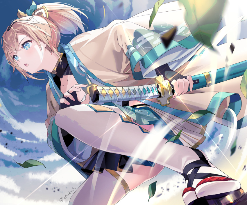 1girl akamoku bangs banned_artist black_gloves blonde_hair blue_eyes clouds cloudy_sky commentary_request day fingerless_gloves from_below gloves hair_ribbon haori highres holding holding_sheath hololive japanese_clothes kazama_iroha long_sleeves looking_away pleated_skirt ponytail ready_to_draw ribbon sandals sheath sheathed short_hair skirt sky solo spread_legs sword tabi thigh-highs virtual_youtuber weapon white_legwear