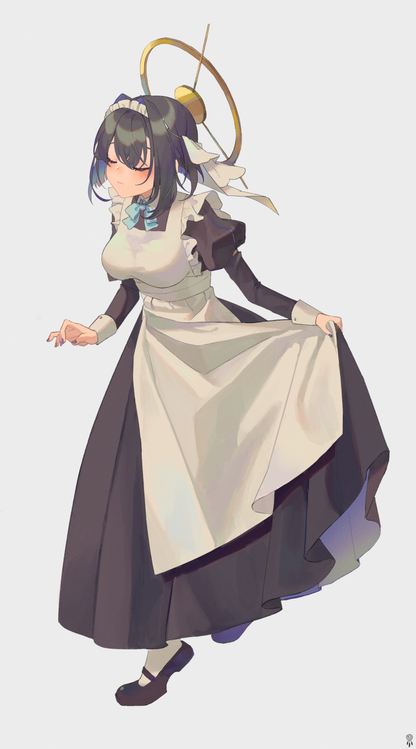 1girl absurdres alternate_costume apron bangs black_dress black_footwear black_hair blue_bow blush bow breasts closed_eyes collared_dress commentary dress enmaided eyebrows_behind_hair frilled_apron frills grey_background hair_between_eyes hair_intakes highres hololive hololive_english julia8857 juliet_sleeves long_sleeves maid maid_apron maid_headdress medium_breasts nail_polish ouro_kronii pantyhose puffy_sleeves purple_nails shoes sidelocks simple_background solo standing standing_on_one_leg tiptoes virtual_youtuber white_apron white_legwear