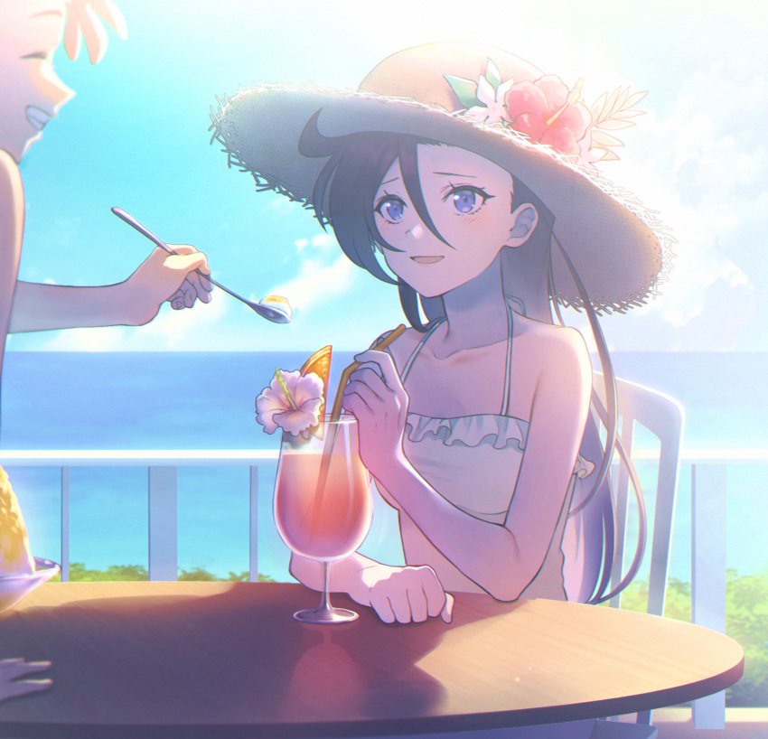 2girls :d bangs bare_arms blue_eyes blue_sky breasts brown_hair closed_eyes clouds collarbone day drinking_straw grin hair_between_eyes halterneck hat highres holding holding_spoon long_hair looking_at_another looking_up medium_breasts multiple_girls natsuumi_manatsu ocean outdoors precure shirt sitting sky sleeveless sleeveless_shirt smile solo_focus spoon straw_hat summer sun_hat takizawa_asuka tropical-rouge!_precure very_long_hair white_shirt yuzu_sato