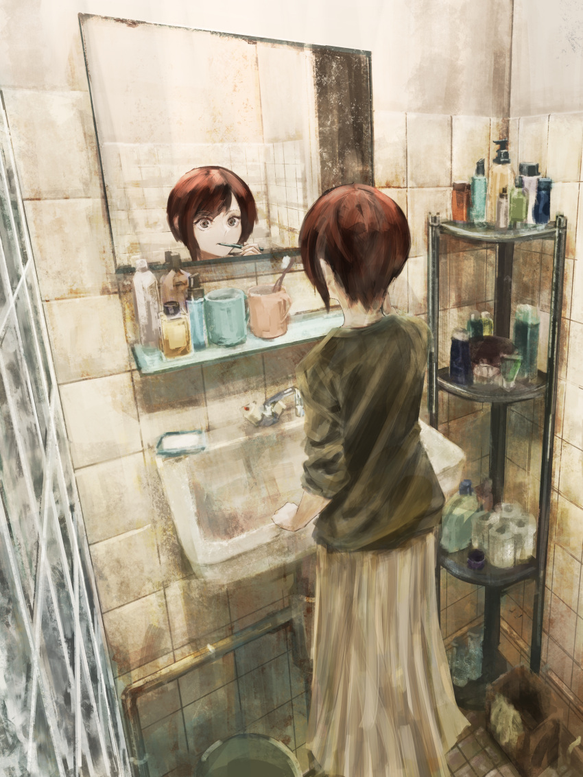 1girl absurdres bathroom brown_hair brown_shirt brown_skirt brushing_teeth commentary english_commentary feet_out_of_frame highres indoors long_skirt mirror original pipes reflection shirt short_hair sink skirt sleeves_rolled_up soap_bottle solo standing tile_floor tile_wall tiles toothbrush yuu_akine