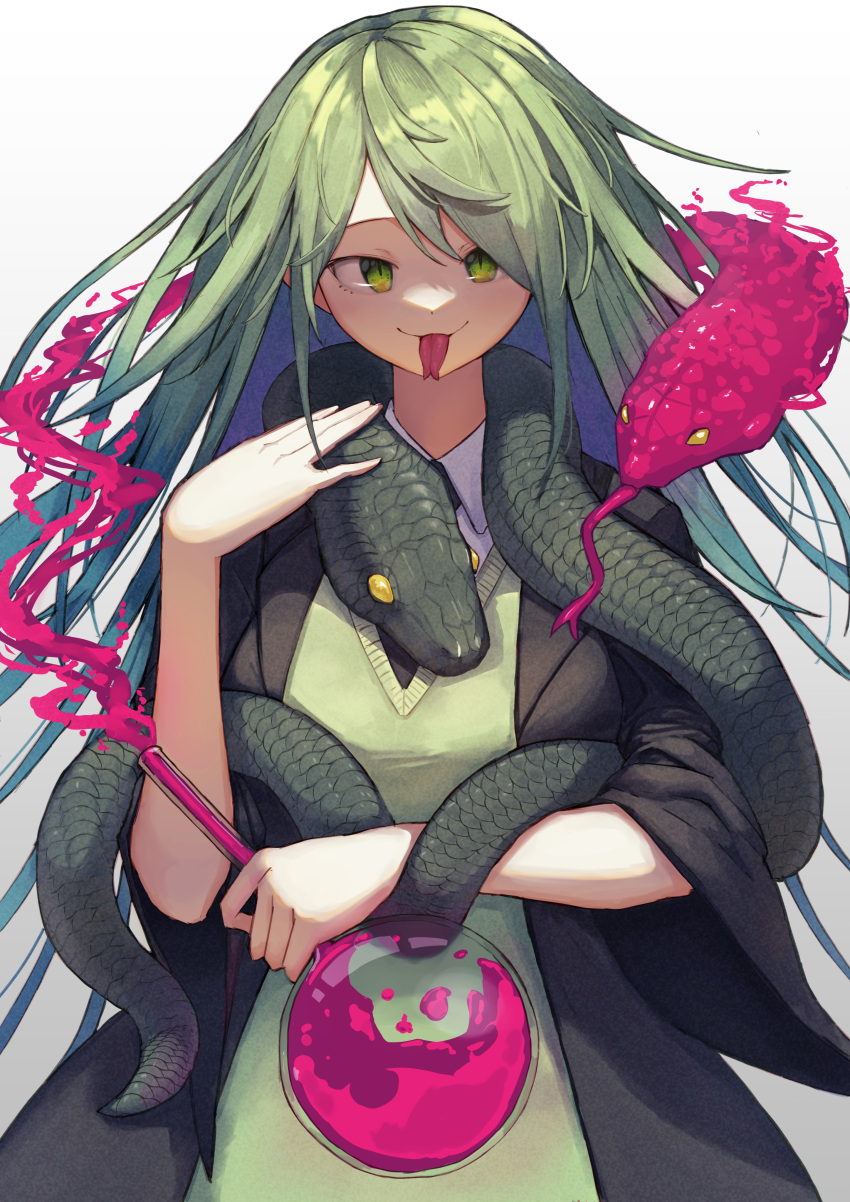 1girl absurdres bangs collared_shirt deho_toiimasu gradient gradient_background green_eyes green_hair green_sweater grey_background highres long_hair looking_at_viewer original shadow shirt smile smoke snake solo sweater tongue tongue_out upper_body white_background white_shirt