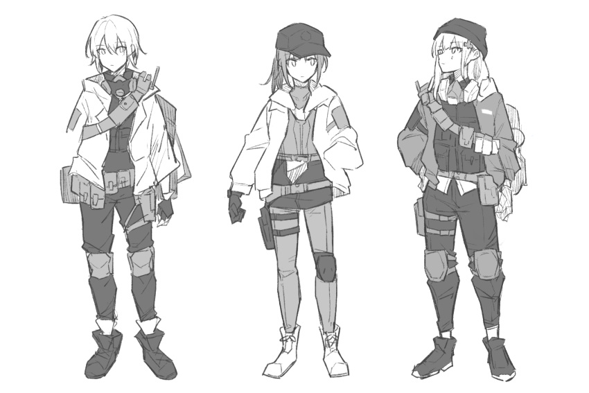 3girls agent_416_(girls'_frontline) agent_vector_(girls'_frontline) bangs baseball_cap closed_mouth commentary_request dima_(girls'_frontline) expressionless eyebrows_visible_through_hair genderswap genderswap_(mtf) girls_frontline gloves hair_between_eyes hat jacket knee_pads long_hair long_sleeves mask monochrome multiple_girls pantyhose ponytail short_hair sidelocks simple_background sketch skirt tom_clancy's_the_division white_background xinhao