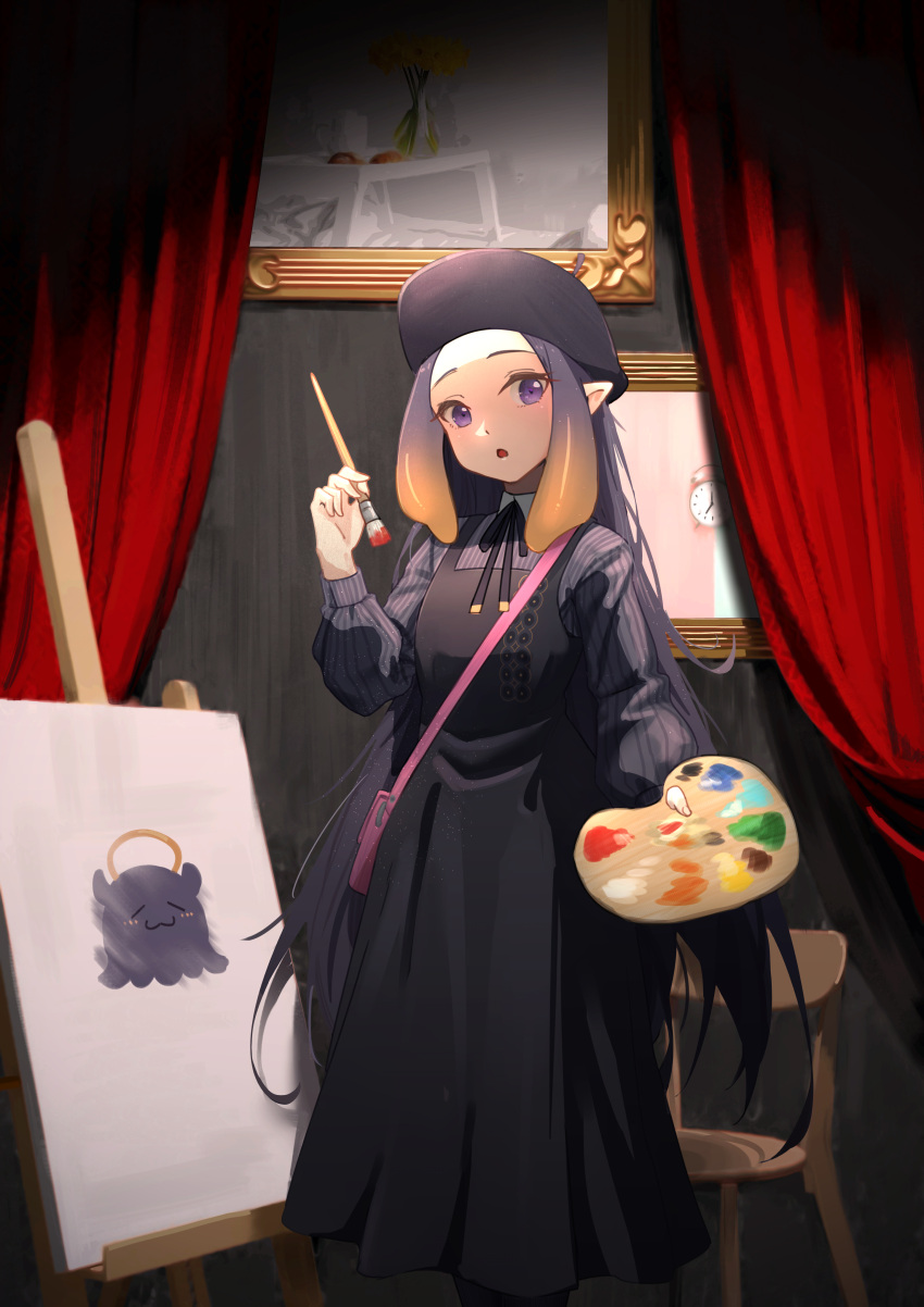 1girl absurdres bag black_dress black_ribbon blonde_hair canvas_(object) commentary curtains dress easel elach forehead gradient_hair hand_up highres holding holding_paintbrush holding_palette hololive hololive_english long_hair long_sleeves looking_at_viewer multicolored_hair neck_ribbon ninomae_ina'nis official_alternate_costume paintbrush painting_(object) palette_(object) parted_lips pinafore_dress puffy_long_sleeves puffy_sleeves ribbon shirt shoulder_bag sidelocks solo standing striped striped_shirt tako_(ninomae_ina'nis) very_long_hair violet_eyes virtual_youtuber wooden_chair