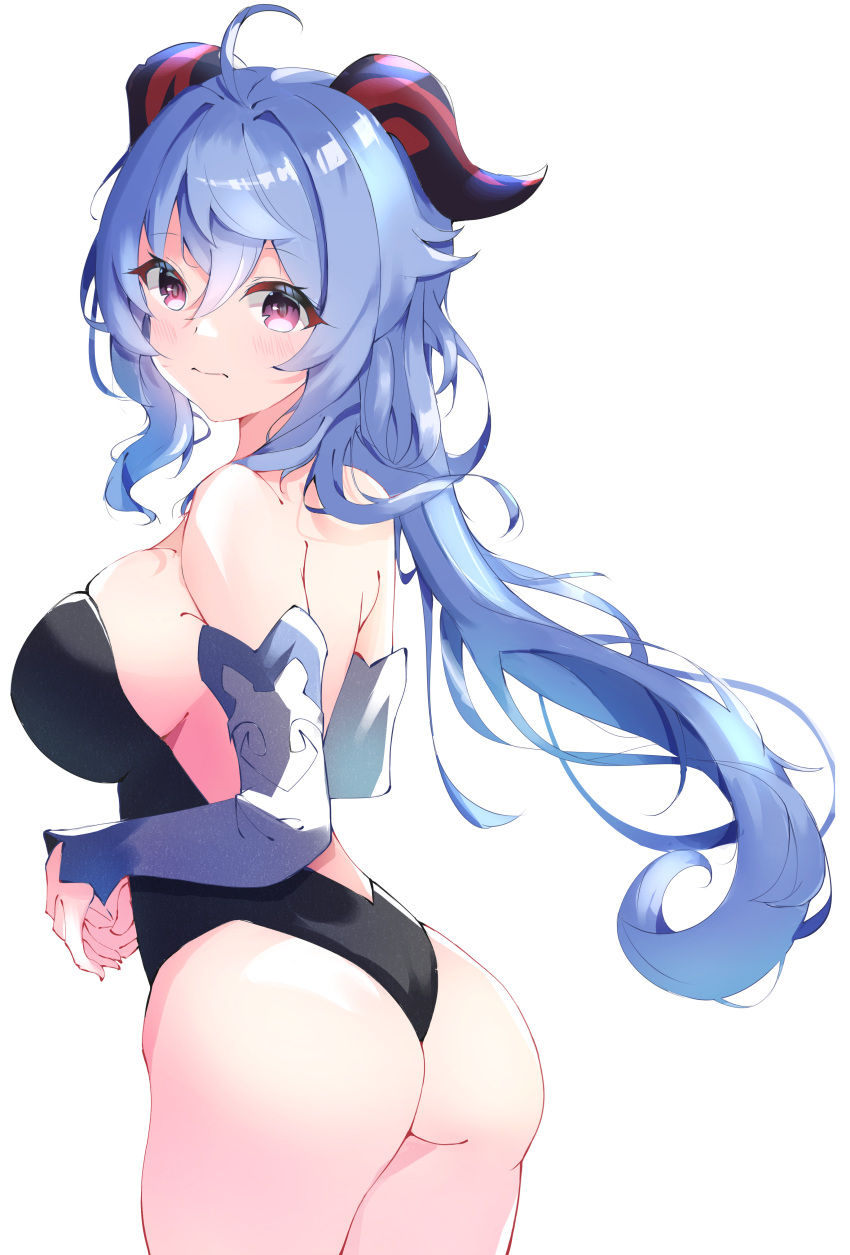 1girl absurdres ahoge ass backless_outfit black_leotard blue_hair breasts cowboy_shot detached_sleeves eyebrows_visible_through_hair from_side ganyu_(genshin_impact) genshin_impact hair_between_eyes highres horns large_breasts leotard liyaku long_hair looking_at_viewer looking_to_the_side own_hands_together violet_eyes white_background