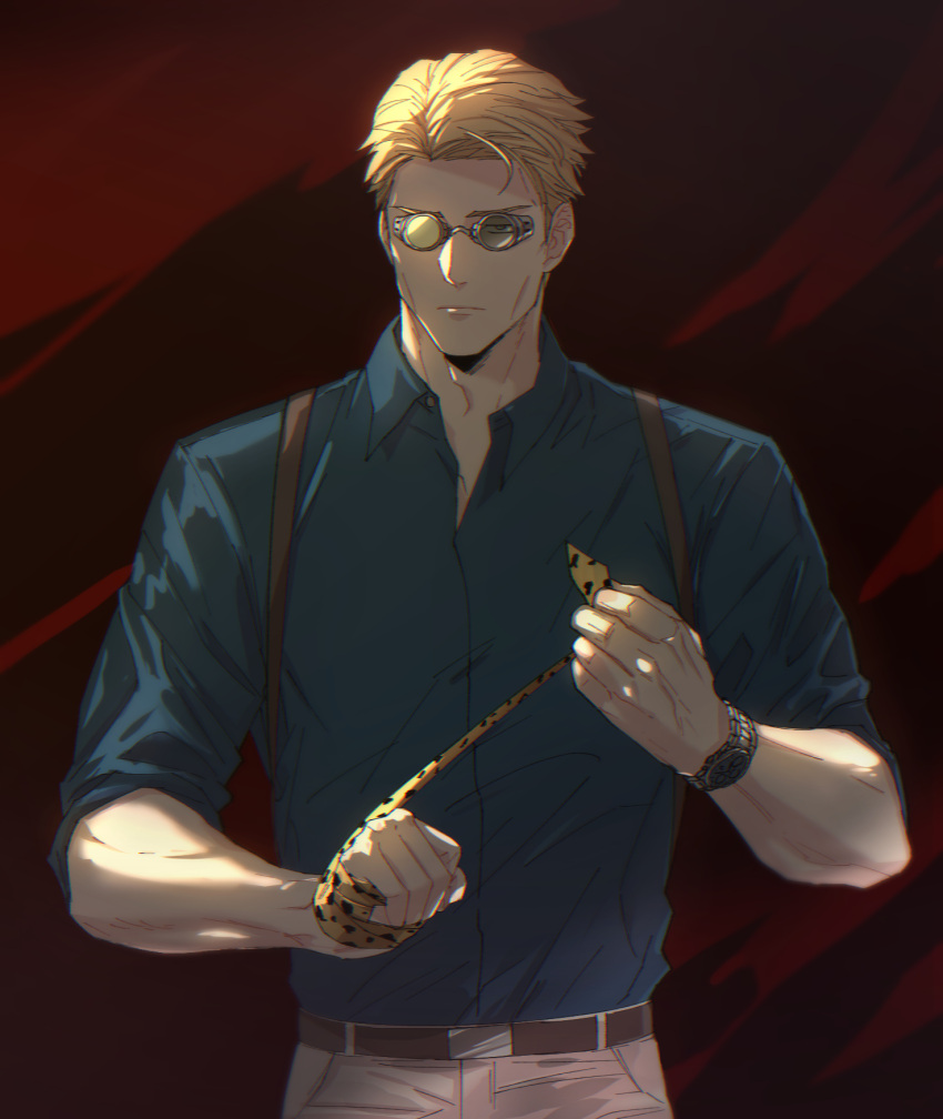 1boy adam's_apple bangs belt blonde_hair blue_shirt closed_mouth collared_shirt dark_background dress_shirt ega_(egavinote) hand_wraps highres holding holding_necktie holster jujutsu_kaisen long_sleeves looking_at_viewer male_focus mature_male nanami_kento necktie necktie_removed pants parted_hair partially_unbuttoned round_eyewear serious shirt short_hair sleeves_rolled_up solo standing sunglasses two-tone_background watch watch