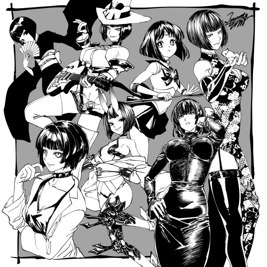 1boy 6+girls androgynous artist_name artist_request bishoujo_senshi_sailor_moon black_hair bob_cut character_request china_dress chinese_clothes choker copyright_request crossover dress eyelashes fate/grand_order fate_(series) fubuki_(one-punch_man) grey_background guilty_gear guitar hand_fan hat holding holding_fan horns hunter_x_hunter i-no instrument japanese_clothes kalluto_zoldyck kimono magical_girl mole mole_above_mouth monochrome multiple_crossover multiple_girls one-punch_man otoko_no_ko persona persona_5 sailor_saturn sailor_senshi_uniform short_hair shuten_douji_(fate) signature simple_background source_request takemi_tae tomoe_hotaru trait_connection witch_hat