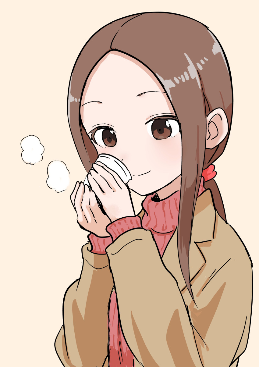 1girl absurdres brown_eyes brown_hair brown_jacket closed_mouth collared_jacket commentary_request cup disposable_cup hair_tie hands_up highres holding holding_cup inaba_mifumi jacket karakai_jouzu_no_(moto)_takagi-san long_hair long_sleeves red_sweater simple_background smile solo steam sweater takagi-san upper_body
