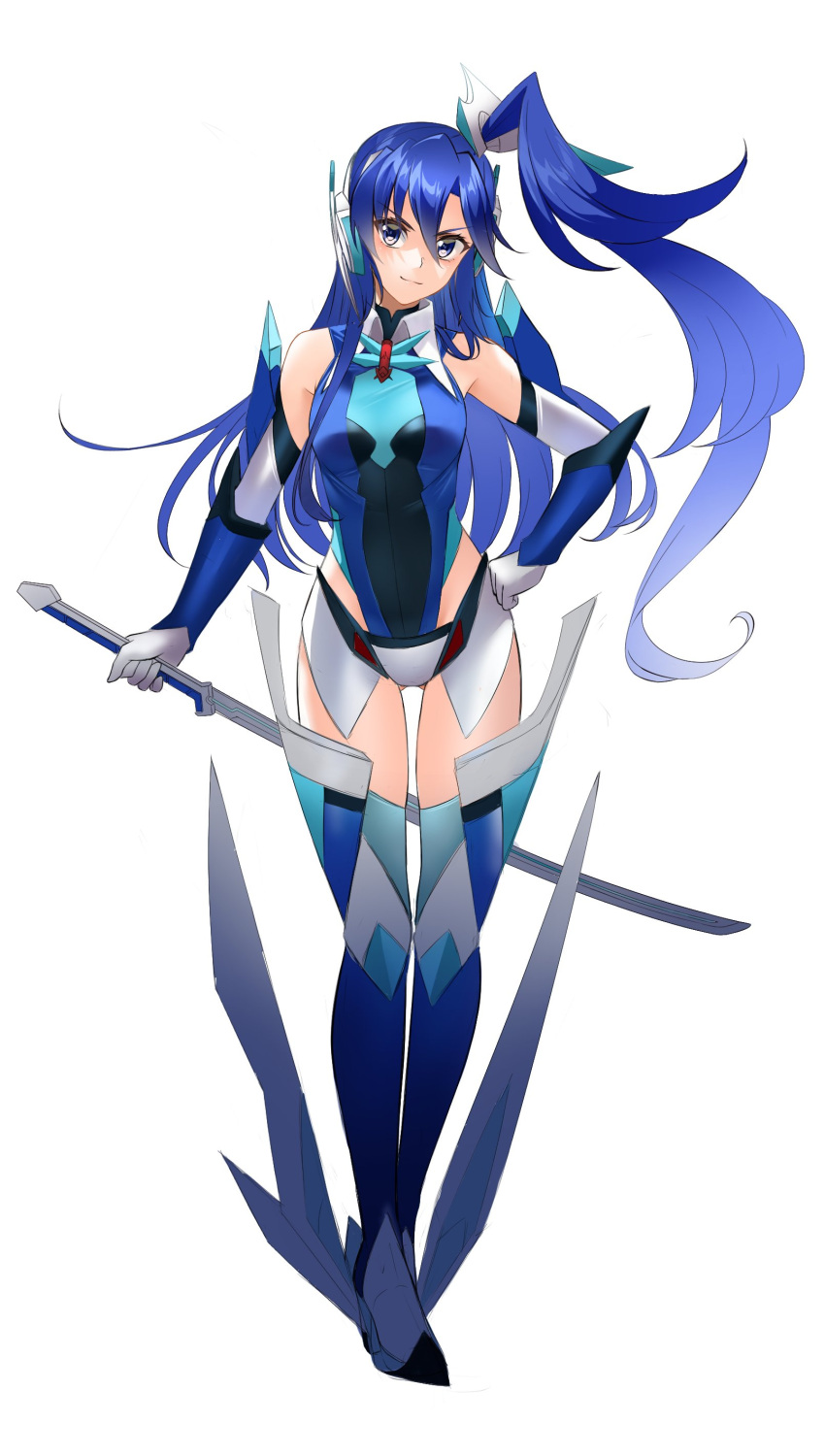 1girl absurdres ass_visible_through_thighs bangs bare_shoulders blue_hair boots breasts elbow_gloves gloves hair_between_eyes hair_ornament hand_on_hip highres kazanari_tsubasa looking_at_viewer nyanmaru senki_zesshou_symphogear shiny shiny_hair side_ponytail simple_background small_breasts smile solo sword thigh-highs thigh_boots violet_eyes weapon white_background