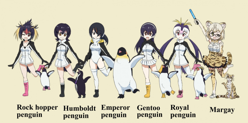 6+girls :d ;d arm_up bangs baton beige_background bird black-framed_eyewear black_footwear black_hair blonde_hair boots brown_eyes clenched_hand closed_mouth commentary_request creature_and_personification drawstring elbow_gloves emperor_penguin emperor_penguin_(kemono_friends) english_text gentoo_penguin gentoo_penguin_(kemono_friends) glasses gloves hair_over_one_eye hairband headphones high-waist_skirt highres hood hood_down hooded_leotard hoodie humboldt_penguin humboldt_penguin_(kemono_friends) jacket kemono_friends leg_up leotard long_hair long_sleeves looking_at_viewer low_twintails margay margay_(kemono_friends) margay_print medium_hair messy_hair miniskirt multicolored_hair multiple_girls namesake no_pants one_eye_closed open_mouth penguin penguins_performance_project_(kemono_friends) pink_footwear pleated_skirt print_gloves print_legwear print_skirt redhead rockhopper_penguin rockhopper_penguin_(kemono_friends) royal_penguin royal_penguin_(kemono_friends) shirt shoes short_hair side_ponytail silver_hair simple_background skirt sleeveless sleeveless_shirt smile standing standing_on_one_leg swept_bangs thigh-highs twintails white_hairband white_hoodie white_jacket white_legwear white_leotard white_shirt white_skirt yamaguchi_yoshimi yellow_footwear yellow_legwear yellow_skirt