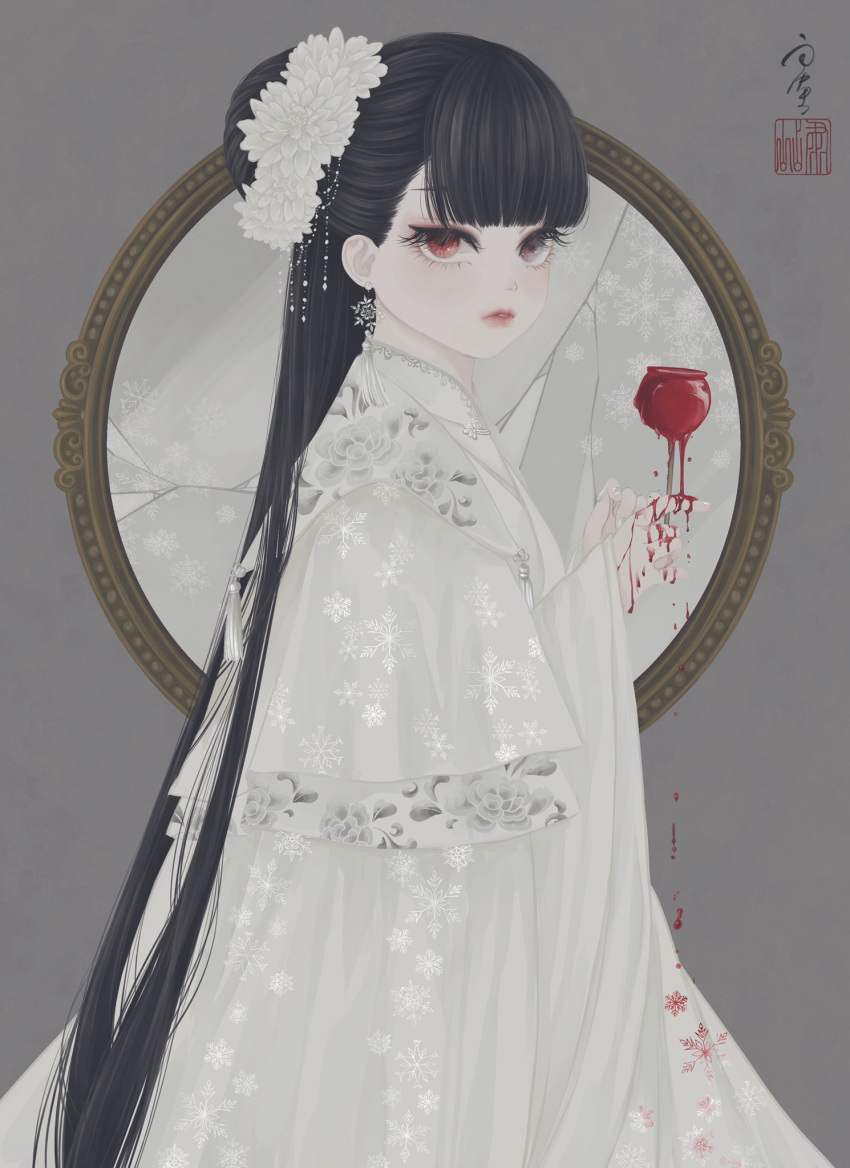 1girl bangs black_hair blood blood_on_hands blunt_bangs broken_mirror candy_apple capelet chinese_clothes cowboy_shot dripping earrings eyelashes floral_print flower food from_side grey_background hair_bun hair_flower hair_ornament hands_up hanfu highres holding holding_food jewelry long_hair looking_at_viewer looking_to_the_side mirror nail_polish original parted_lips red_eyes seal_impression signature snow_white snowflake_earrings snowflake_print snowflakes solo standing straight_hair tassel tassel_earrings tied_hair ushiyama_ame very_long_hair white_capelet white_flower white_nails white_robe