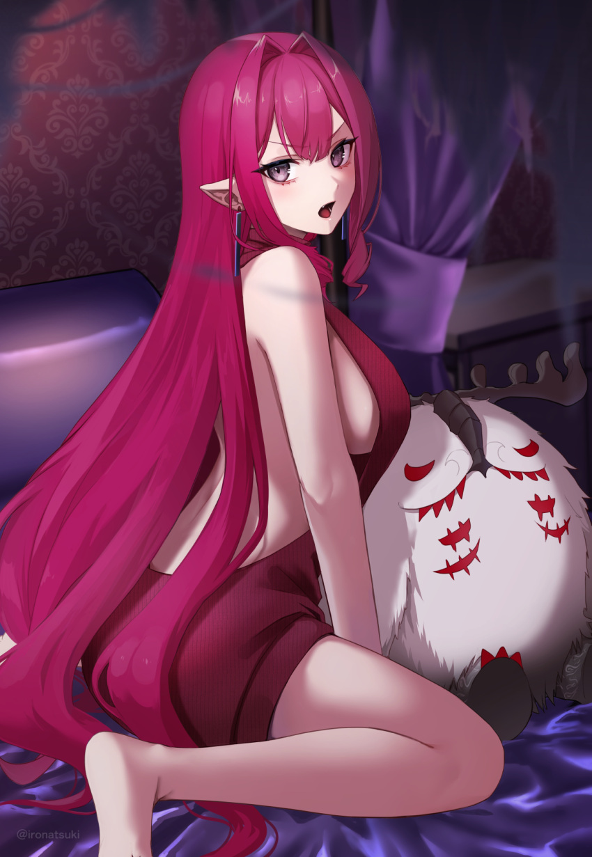 1girl bangs bare_shoulders blush breasts cernunnos_(fate) dress earrings fairy_knight_tristan_(fate) fate/grand_order fate_(series) grey_eyes highres ironatsuki jewelry large_breasts long_hair looking_at_viewer open_mouth pink_hair pointy_ears red_dress sideboob sidelocks stuffed_toy thighs