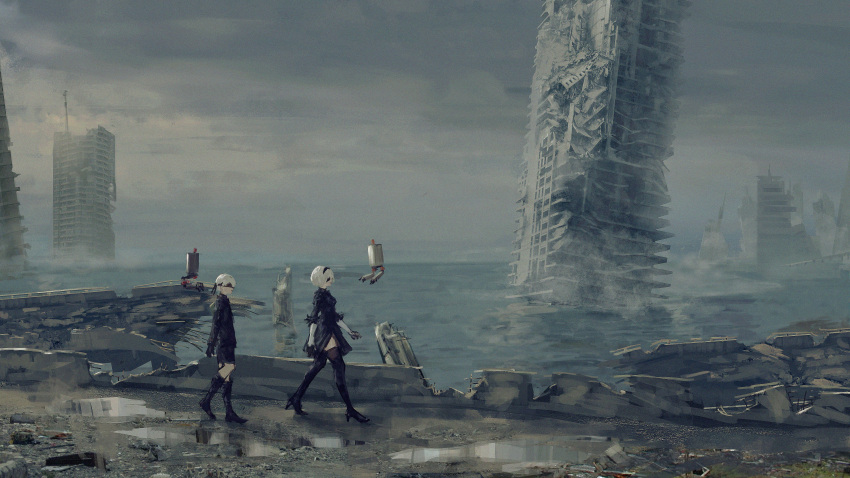 1boy 1girl absurdres black_dress black_footwear black_gloves black_hairband black_jacket black_legwear black_shorts blindfold boots building clouds cloudy_sky commentary_request dress drone from_side full_body gloves hairband highres jacket knee_boots long_sleeves nier_(series) nier_automata ocean outdoors puddle rubble ruins scenery short_dress short_hair shorts sky thigh-highs thigh_boots walking white_hair yorha_no._2_type_b yorha_no._9_type_s yuu_akine
