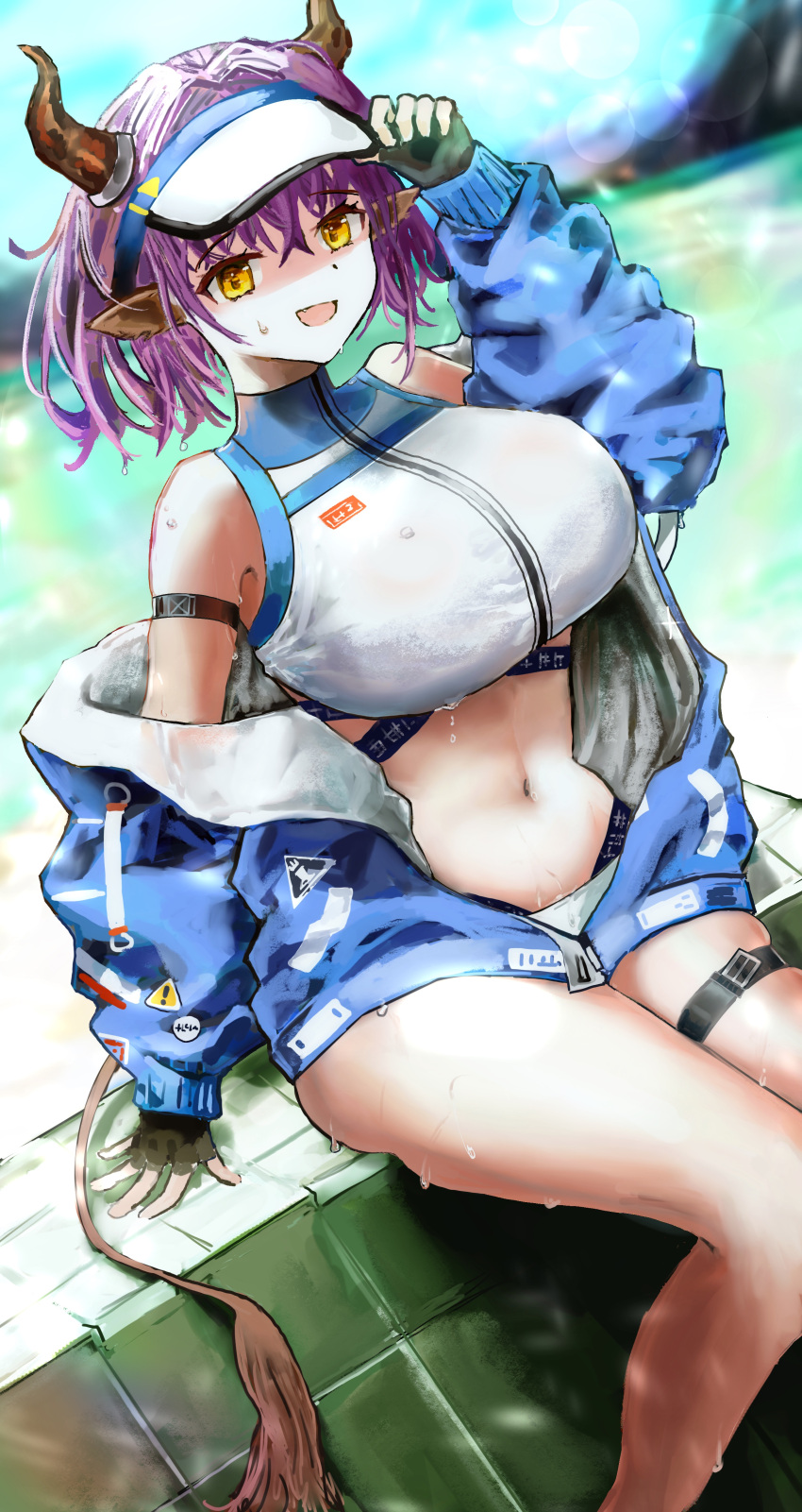 1girl absurdres animal_ears arknights bikini blue_jacket breasts brown_eyes cow_ears cow_girl cow_horns cow_tail grey_bikini hachiko_(0088) highres horns jacket large_breasts long_hair navel official_alternate_costume open_mouth purple_hair short_hair sideroca_(arknights) sideroca_(light_breeze)_(arknights) sitting smile solo swimsuit tail thigh_strap visor_cap