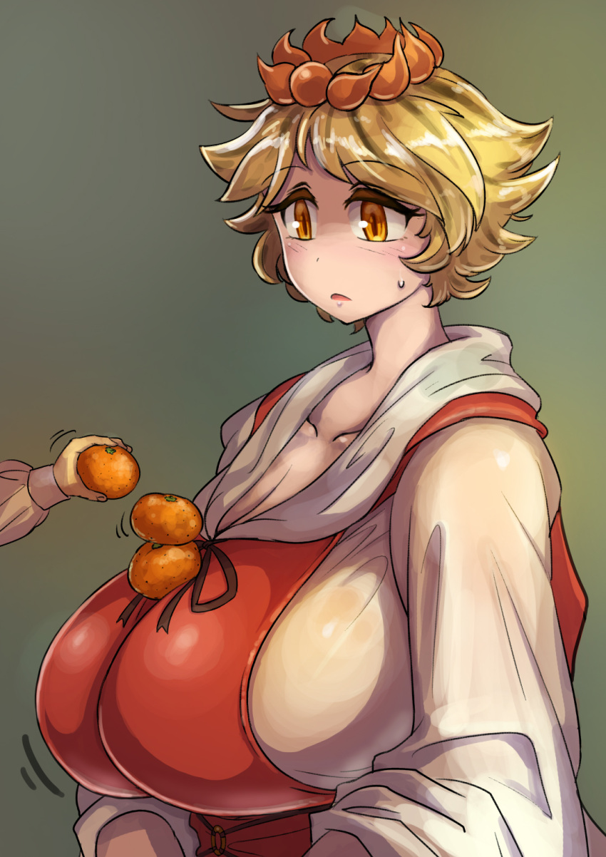 1girl black_hair blonde_hair breasts crown dress enajii food fruit highres hood huge_breasts multicolored_hair orange_(fruit) red_dress short_hair simple_background solo streaked_hair toramaru_shou touhou two-tone_hair yellow_eyes