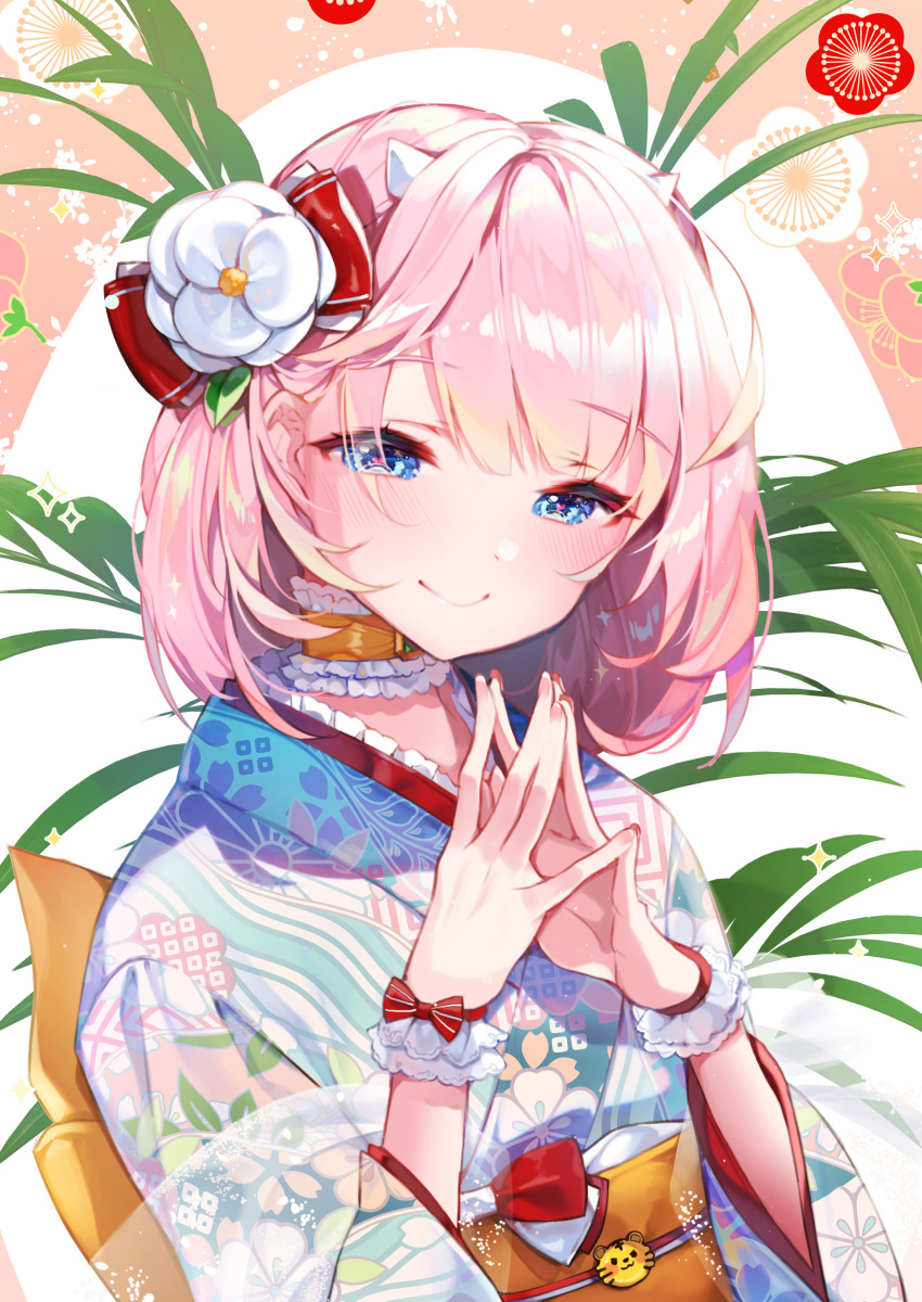 1girl absurdres blue_eyes blue_kimono floral_print happy_new_year heart heart-shaped_pupils highres horns japanese_clothes kanola_u kimono looking_at_viewer new_year obi original pink_hair sash short_hair smile solo symbol-shaped_pupils upper_body wide_sleeves