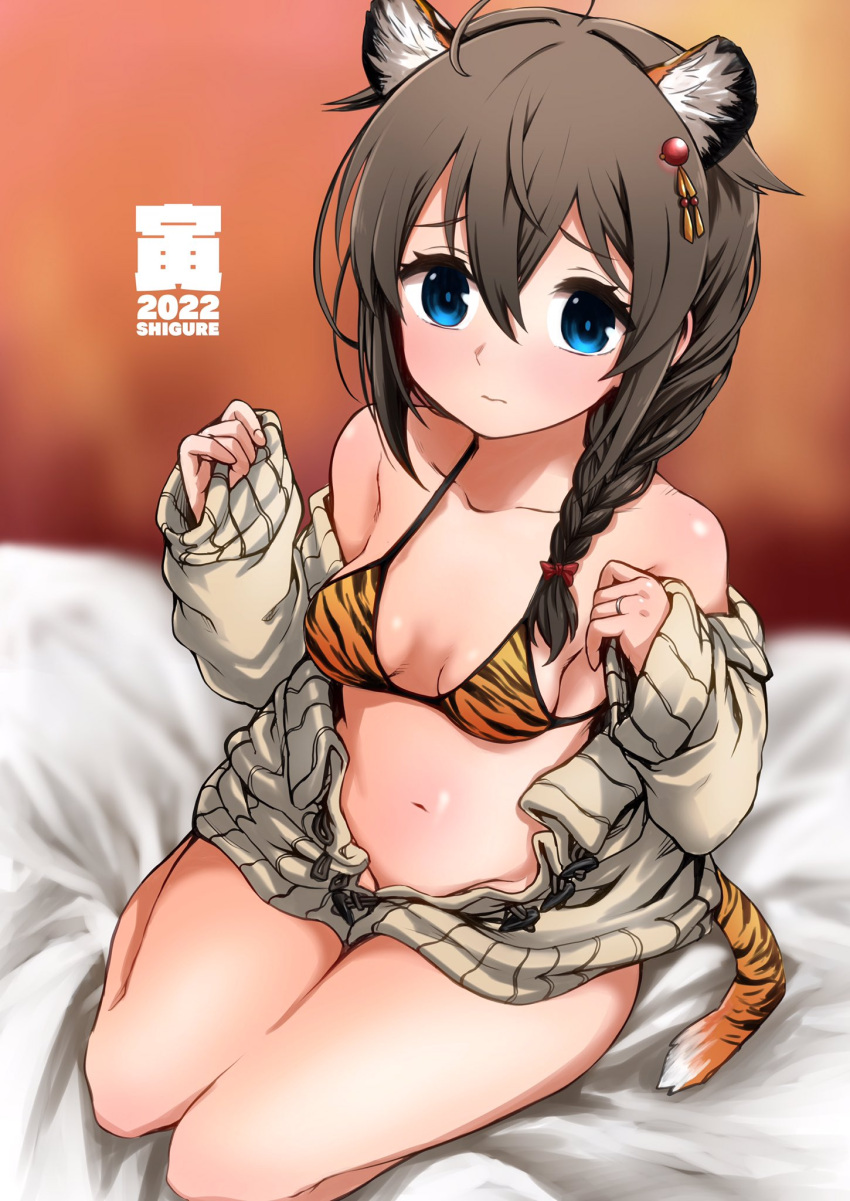 1girl 2022 ahoge animal_ears animal_print bed bikini black_hair blue_eyes braid breasts character_name chinese_zodiac commentary_request gouta_(nagishiro6624) hair_flaps hair_ornament hair_over_shoulder highres jacket kantai_collection new_year open_clothes open_jacket remodel_(kantai_collection) shigure_(kancolle) single_braid sitting small_breasts solo swimsuit tail tiger_ears tiger_print tiger_tail wariza white_jacket year_of_the_tiger yellow_bikini