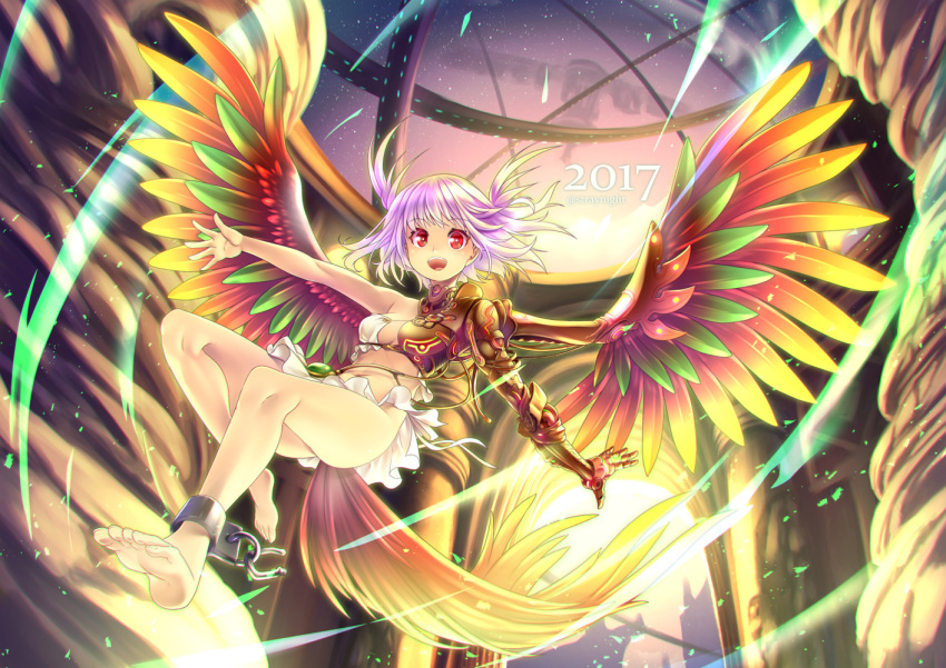 1girl 2017 bangs barefoot bikini bird_tail breasts commentary_request cuffs day eyebrows_visible_through_hair feathered_wings flying indoors leg_up looking_at_viewer mechanical_arms mechanical_wings mitake_eil multicolored_wings navel new_year open_mouth original purple_hair red_eyes shackles short_hair single_mechanical_arm sky small_breasts smile solo star_(sky) starry_sky swimsuit tail twitter_username white_bikini wings