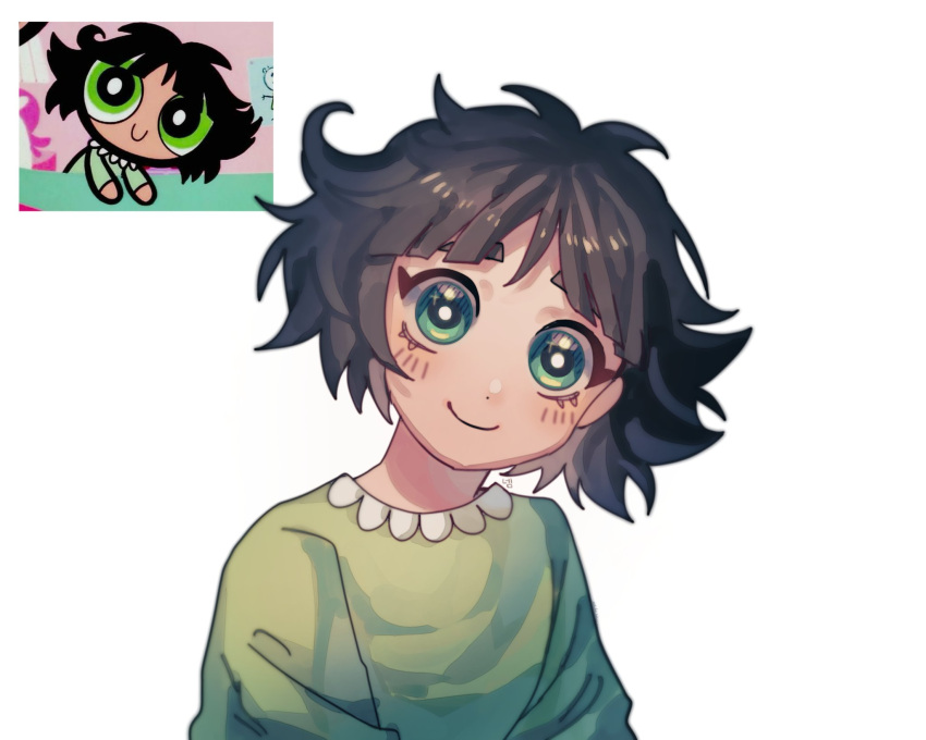 1girl bangs black_hair blush buttercup_(ppg) buttercup_redraw_challenge derivative_work green_eyes green_pajamas highres looking_at_viewer messy_hair nem_0227 powerpuff_girls reference_inset screencap_redraw shadow simple_background smile solo upper_body white_background