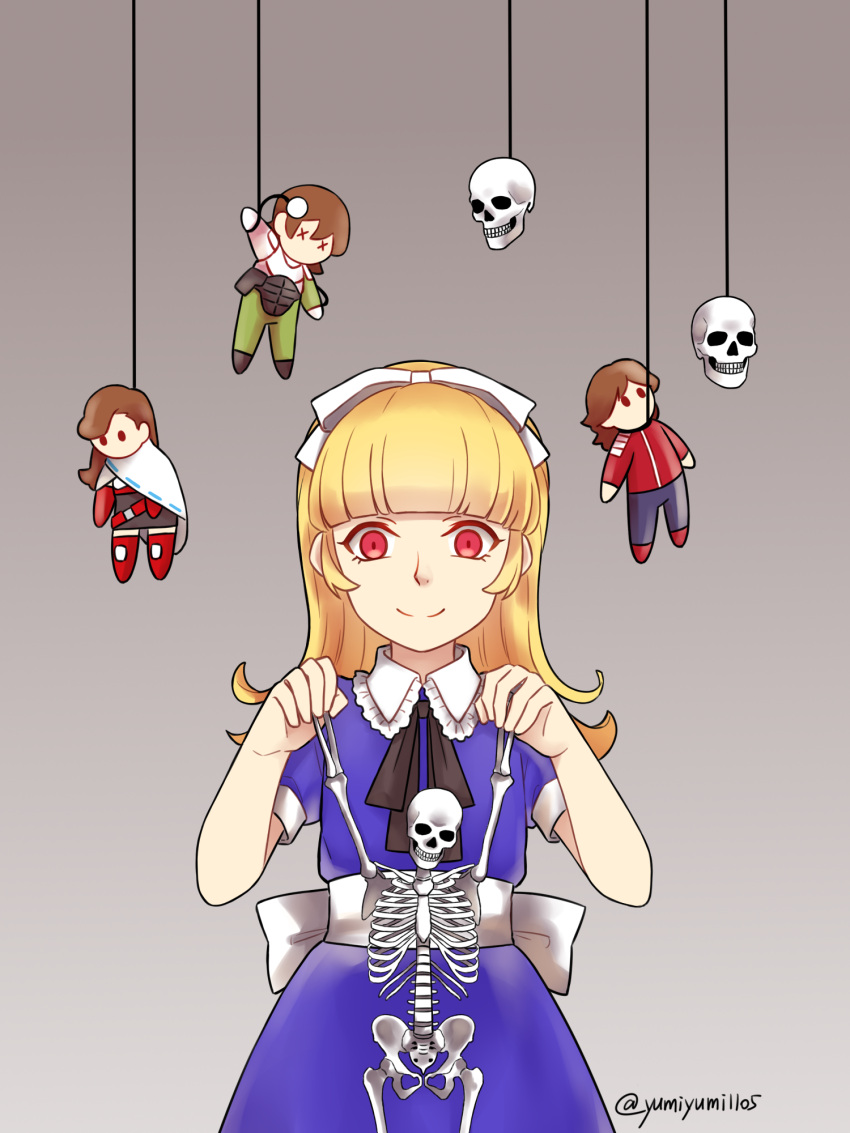 1girl alice_(megami_tensei) blonde_hair blue_dress character_doll commentary_request dress glowing glowing_eyes grey_background hair_ribbon highres kazuya_(shin_megami_tensei) long_hair red_eyes ribbon shin_megami_tensei shin_megami_tensei_i signature skeleton skull_ornament smile solo x_x yuji_(shin_megami_tensei) yuka_(shin_megami_tensei) yumiyumi1105