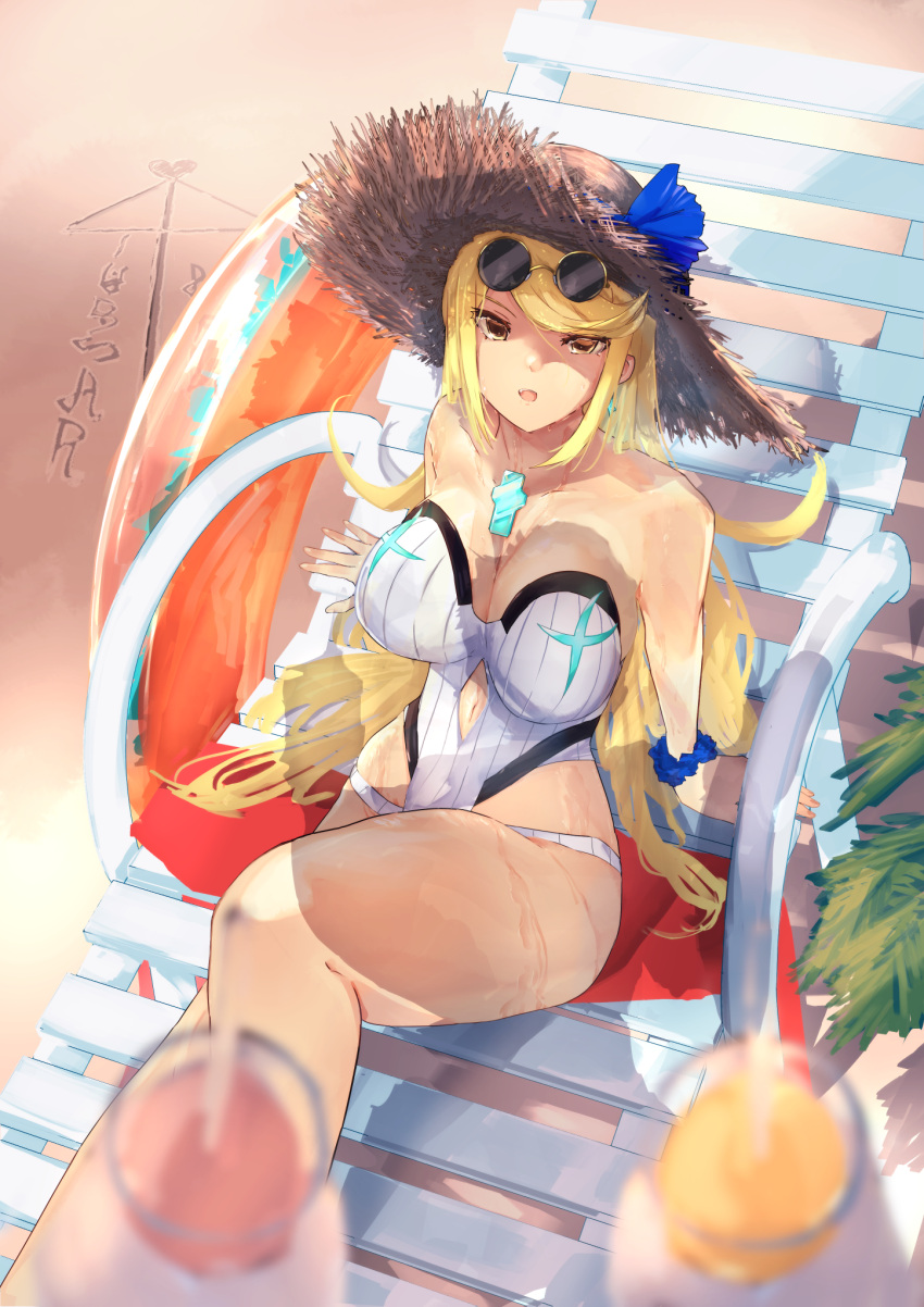 bangs blonde_hair breasts chest_jewel gem headpiece highres large_breasts long_hair mythra_(radiant_beach)_(xenoblade) mythra_(xenoblade) omikuji_(6954) one-piece_swimsuit ribbed_swimsuit strapless strapless_swimsuit striped striped_swimsuit swept_bangs swimsuit tiara two-tone_swimsuit vertical-striped_swimsuit vertical_stripes very_long_hair white_swimsuit xenoblade_chronicles_(series) xenoblade_chronicles_2 yellow_eyes
