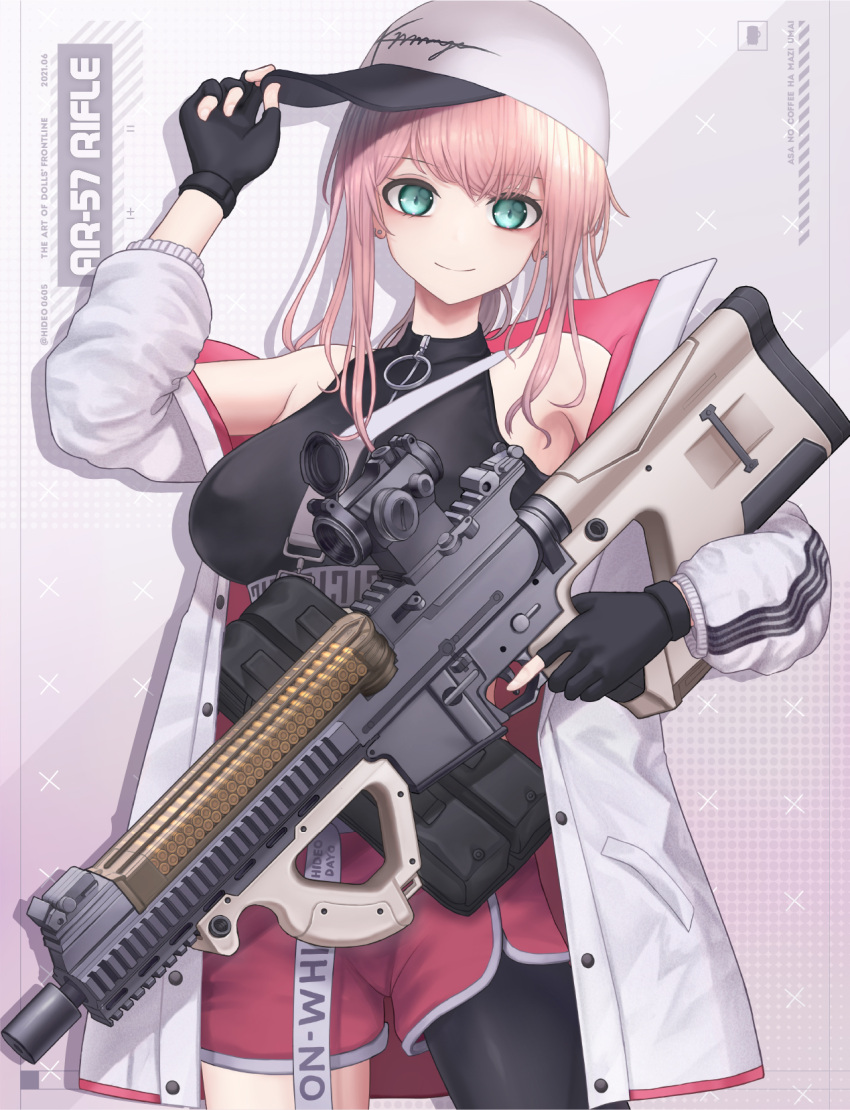 1girl aqua_eyes ar-57 ar-57_(girls'_frontline) assault_rifle bangs black_gloves black_shirt breasts character_name closed_mouth eyebrows_visible_through_hair feet_out_of_frame fingerless_gloves girls_frontline gloves gun hand_on_headwear hideo0605 highres holding holding_gun holding_weapon jacket long_hair looking_at_viewer medium_breasts open_clothes open_jacket pink_hair pink_shorts rifle shirt shorts simple_background single_thighhigh smile solo standing thigh-highs weapon white_headwear white_jacket