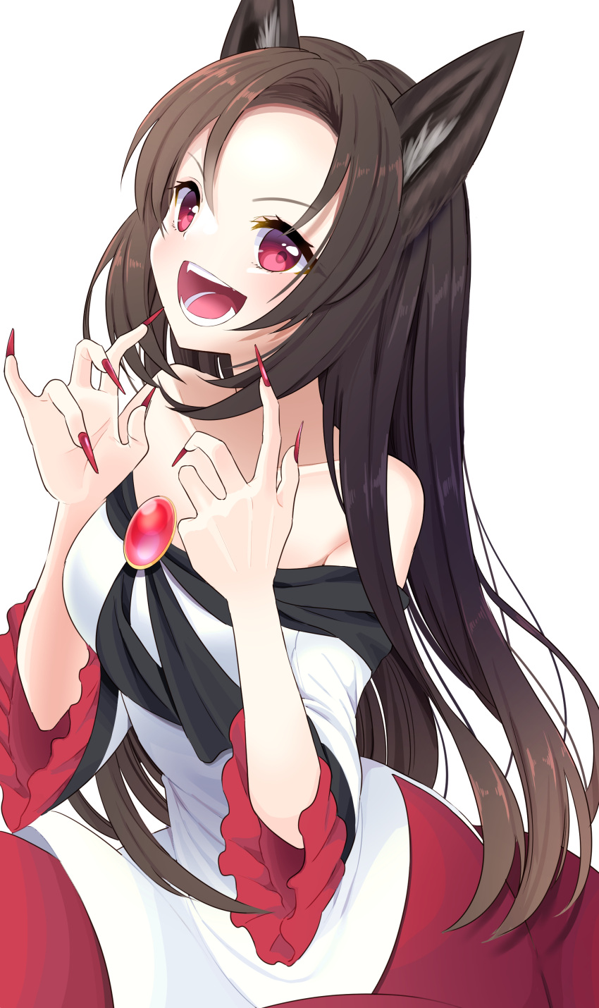 1girl :d absurdres animal_ear_fluff animal_ears bare_shoulders breasts brooch brown_hair dress fingernails highres imaizumi_kagerou jewelry long_hair looking_at_viewer medium_breasts off_shoulder red_eyes sharp_fingernails simple_background smile solo stigma1101 teeth touhou very_long_hair white_background white_dress wolf_ears