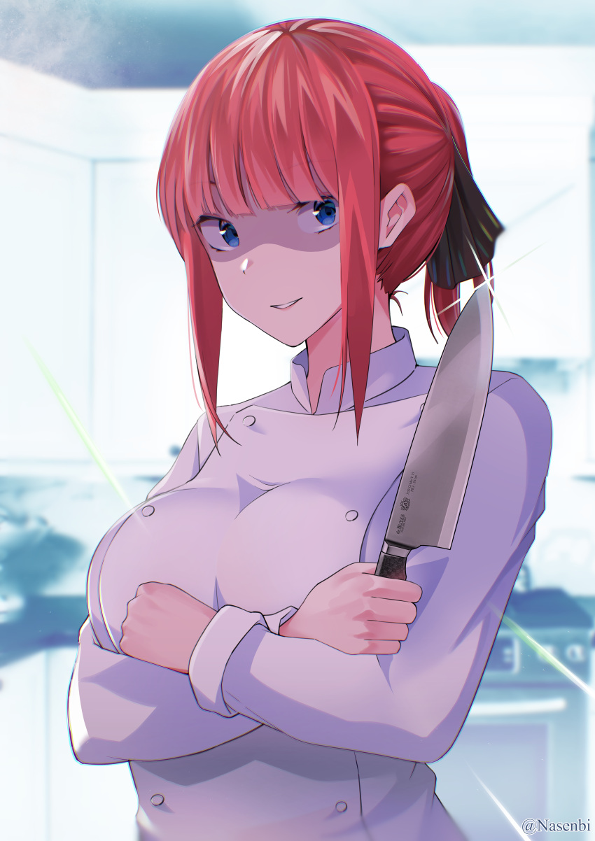 1girl absurdres arms_under_breasts bangs black_ribbon blue_eyes blunt_bangs blush breasts butterfly_hair_ornament chef_uniform cooking crossed_arms from_side glint go-toubun_no_hanayome grin hair_ornament highres holding holding_knife kitchen knife large_breasts looking_at_viewer nakano_nino nasenbi pink_hair ponytail raised_eyebrows ribbon shaded_face sidelocks smile yandere