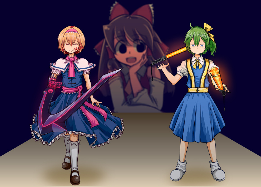 3girls :q alice_margatroid bangs black_eyes blonde_hair blood blood_on_face blue_dress blue_eyes bois_de_justice bow bowtie brown_footwear brown_hair capelet closed_mouth collared_shirt commentary_request cookie_(touhou) daiyousei detached_sleeves dies_irae diyusi_(cookie) dress empty_eyes expressionless eyebrows_visible_through_hair feet_out_of_frame frilled_bow frilled_capelet frilled_dress frilled_hair_tubes frilled_hairband frilled_neckwear frilled_sash frills full_body green_hair hair_between_eyes hair_bow hair_tubes hairband hakurei_reimu hand_on_own_cheek hand_on_own_face high-visibility_vest highres hinase_(cookie) holding long_hair looking_at_viewer looking_to_the_side mary_janes multiple_girls necktie noel_(cookie) open_mouth pinafore_dress pink_hairband pink_necktie pink_sash puffy_short_sleeves puffy_sleeves red_bow red_eyes red_shirt red_skirt sash shinza_bansho_series shirt shoes short_hair short_sleeves side_ponytail skirt skirt_set sleeveless sleeveless_shirt smile socks squatting standing teeth tongue tongue_out touhou traffic_baton upper_teeth walking white_capelet white_footwear white_legwear white_shirt white_sleeves yellow_bow yellow_bowtie yellow_necktie youreizou_(lower_than_-273.15c)