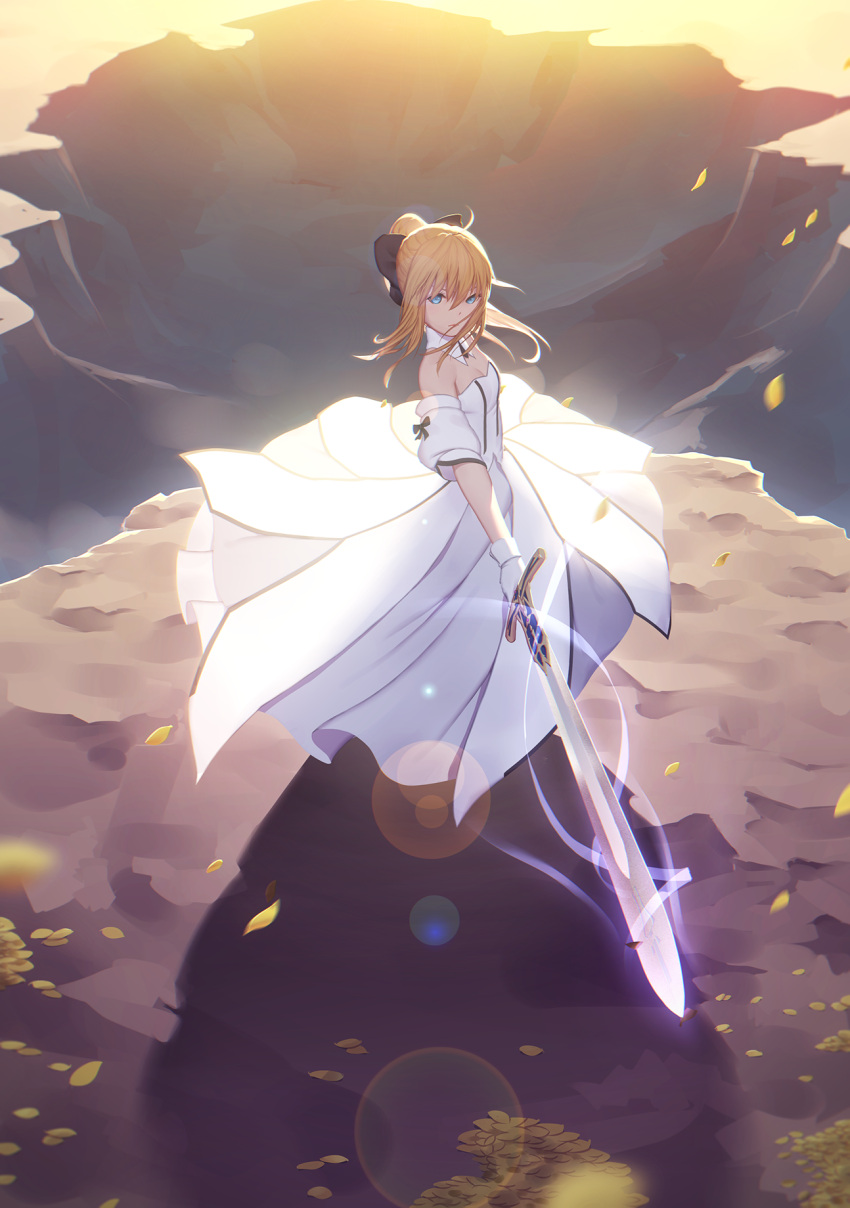 1girl armor armored_dress artoria_pendragon_(all) black_bow blonde_hair blue_sky bow breastplate caliburn dress eyebrows_visible_through_hair fate/grand_order fate/unlimited_codes fate_(series) faulds floating_hair gauntlets green_eyes hair_between_eyes hair_bow hands_on_hilt highres long_hair looking_at_viewer outdoors petals ponytail saber_lily signature sleeveless sleeveless_dress smile solo standing white_dress yosshii_0