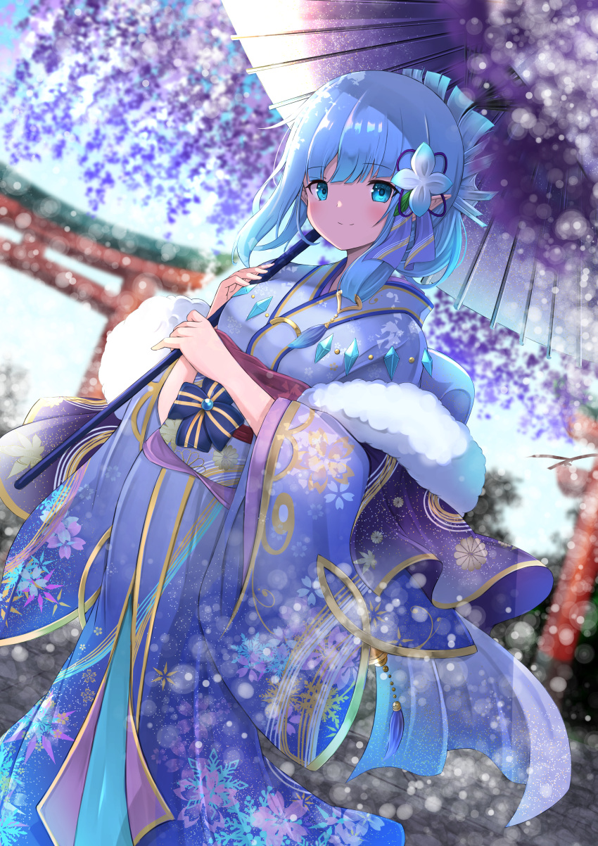 1girl absurdres blue_eyes blue_hair blue_kimono blush closed_mouth commentary_request floral_print flower highres holding holding_umbrella japanese_clothes kimono long_sleeves looking_at_viewer oil-paper_umbrella original pointy_ears print_kimono purple_flower purple_umbrella shibakame sidelocks smile solo torii umbrella wide_sleeves wisteria