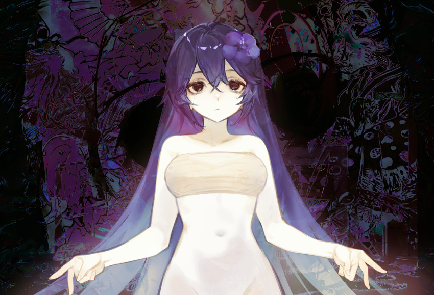 1girl bangs breasts closed_mouth flower hair_flower hair_ornament highres long_hair looking_away midriff navel original purple_hair purple_theme serious small_breasts solo standing upper_body very_long_hair violet_eyes yasumigohan