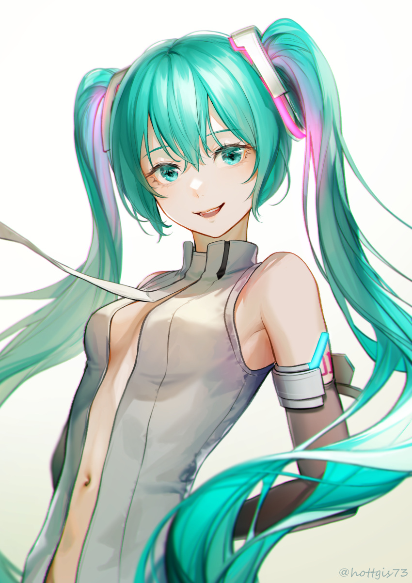 1girl 39 absurdres aqua_eyes aqua_hair arms_behind_back bare_shoulders blurry blurry_foreground breasts bridal_gauntlets center_opening commentary elbow_gloves eyebrows_visible_through_hair floating_hair gloves gradient gradient_background hair_between_eyes hands_on_hips hatsune_miku highres long_hair looking_at_viewer miku_append navel necktie open_mouth shi_niao sideboob skinny smile solo turtleneck twintails twitter_username upper_body very_long_hair vocaloid vocaloid_append