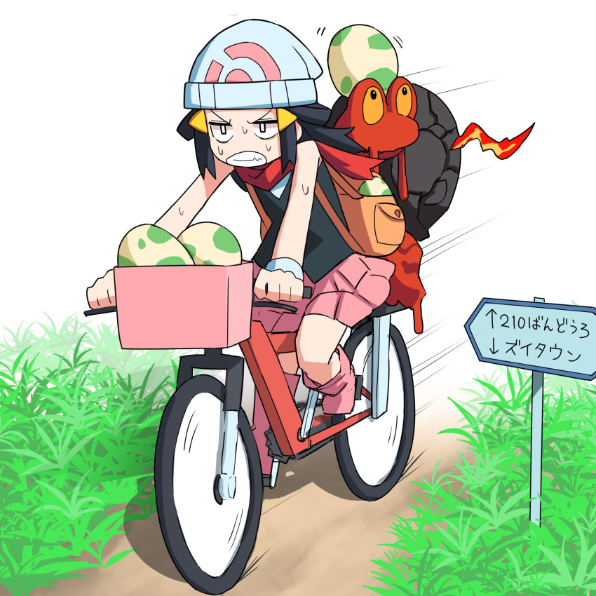 1girl arrow_(symbol) backpack bag beanie bicycle bicycle_basket black_hair black_shirt boots brown_bag clenched_teeth commentary_request egg gameplay_mechanics grass ground_vehicle hair_ornament hat highres hikari_(pokemon) long_hair magcargo motion_lines outdoors pink_footwear pink_skirt poke_ball_print pokemon pokemon_(creature) pokemon_(game) pokemon_dppt pokemon_egg red_scarf riding_bicycle road road_sign scarf shadow shirt sign skirt sleeveless sleeveless_shirt speed_lines sweat teeth translation_request white_headwear yachima_tana