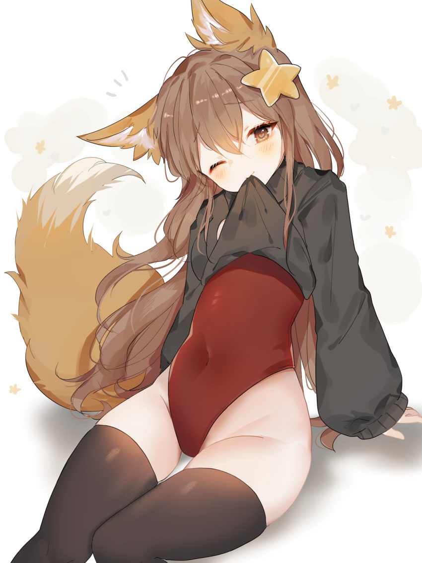 1girl animal_ear_fluff animal_ears annytf bangs black_legwear black_sweater breasts brown_eyes brown_hair clothes_lift commission commissioner_upload groin hair_between_eyes hair_ornament highres indie_virtual_youtuber leotard leotard_under_clothes long_hair looking_at_viewer one_eye_closed simple_background skeb_commission solo sorani_(kaeru0768) star_(symbol) star_hair_ornament sweater sweater_lift tail thigh-highs turtleneck turtleneck_sweater virtual_youtuber